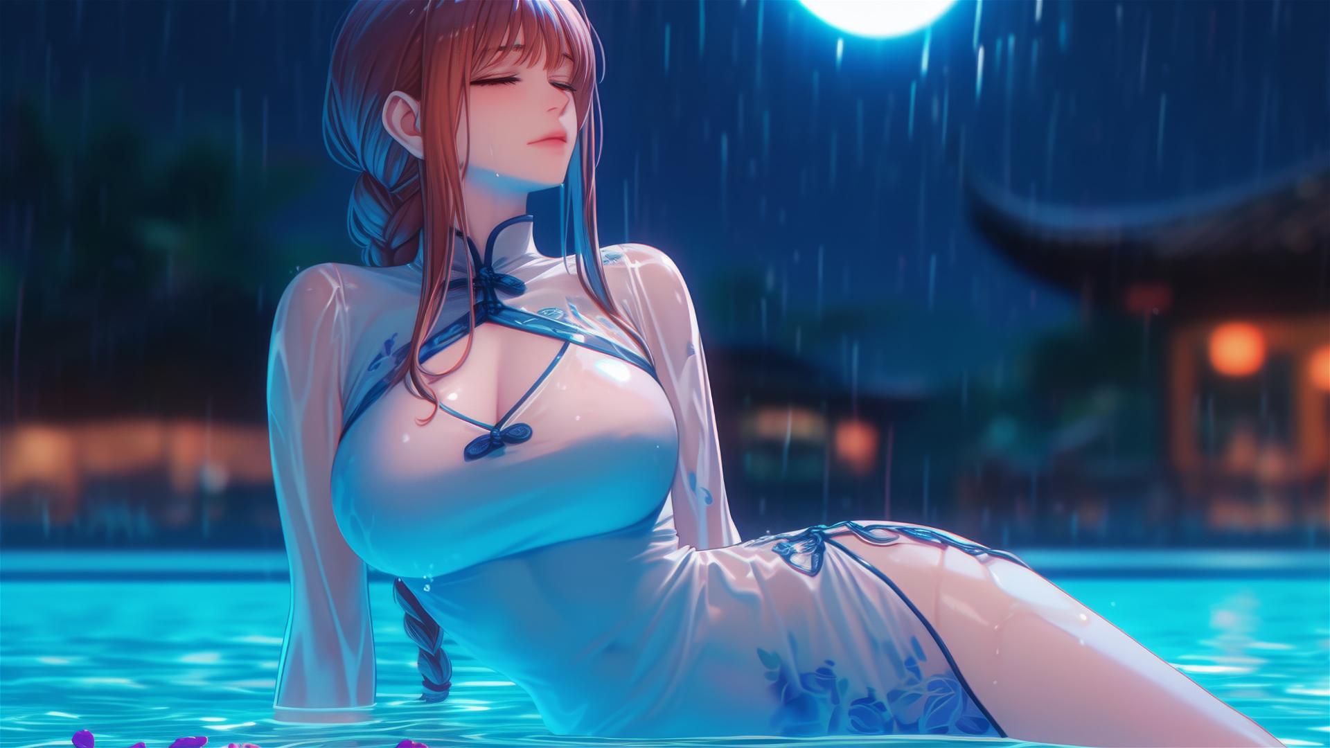 Makima from Chainsaw Man resting by pool under moonlight in rain
