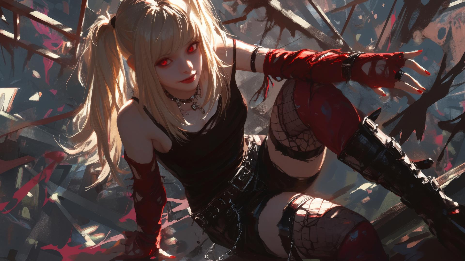 Misa Amane from Death Note with red eyes in dynamic pose on dark background