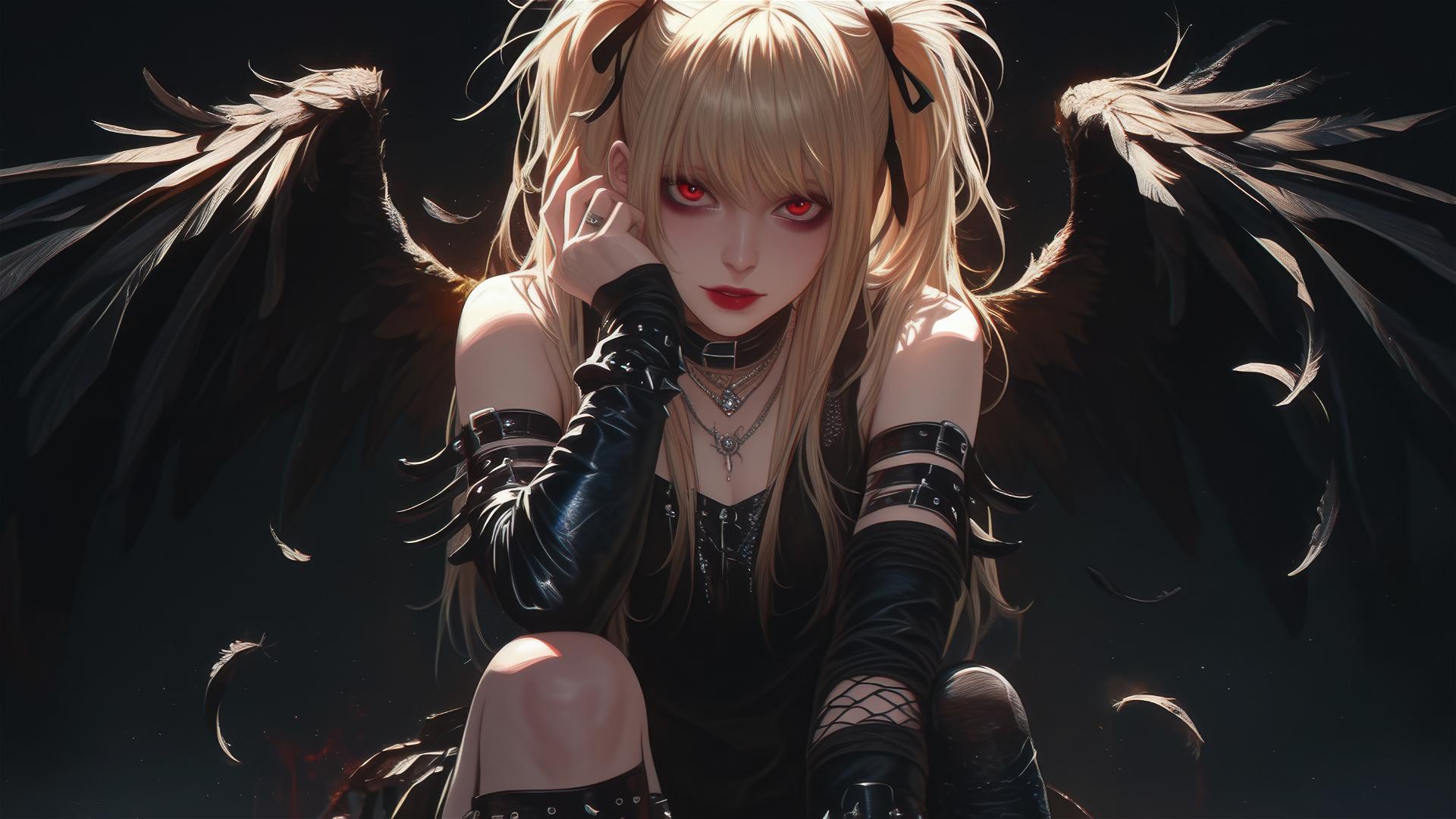 Isolated Misa Amane from Death Note with red eyes on dark background