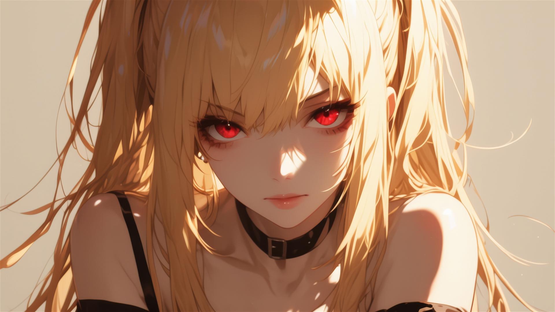 Misa Amane from Death Note with red eyes on dark background