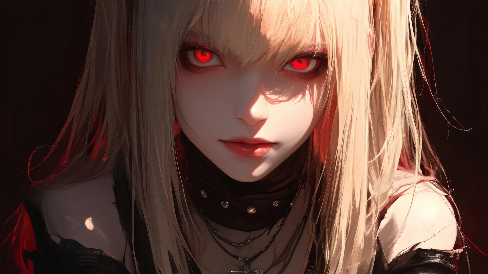 Misa Amane from Death Note with red eyes on dark background