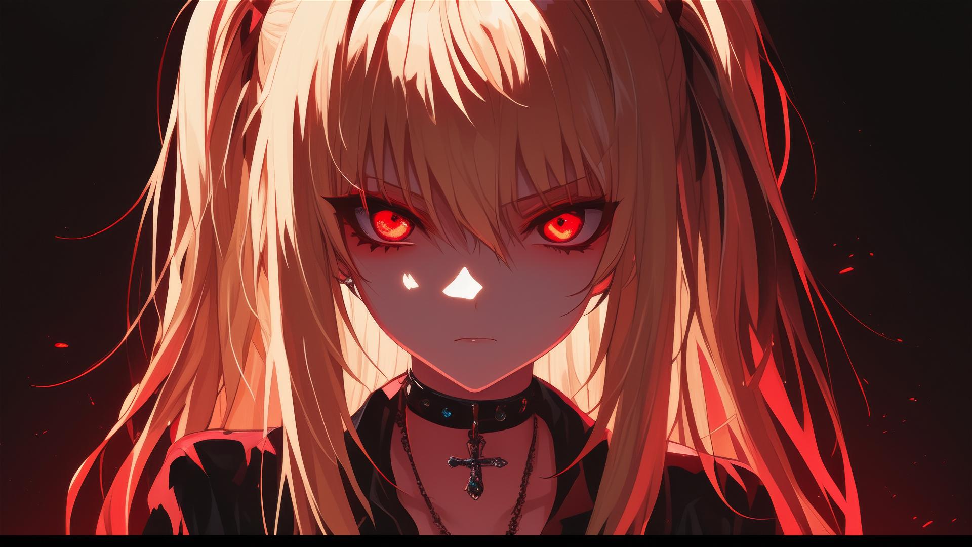 Misa Amane from Death Note with red eyes on dark background