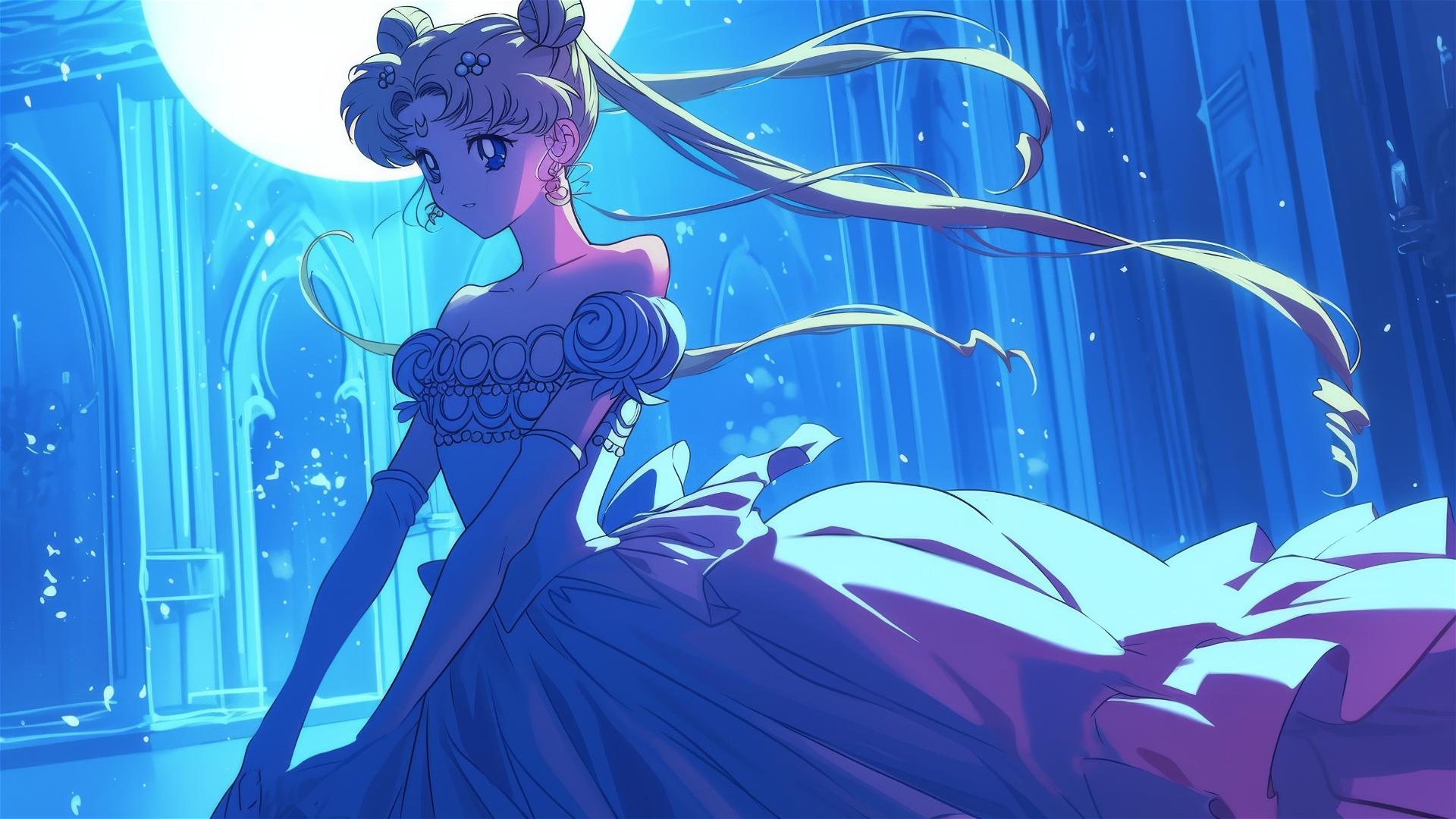 Sailor Moon dressed in royal ball gown dancing at a moonlit ball