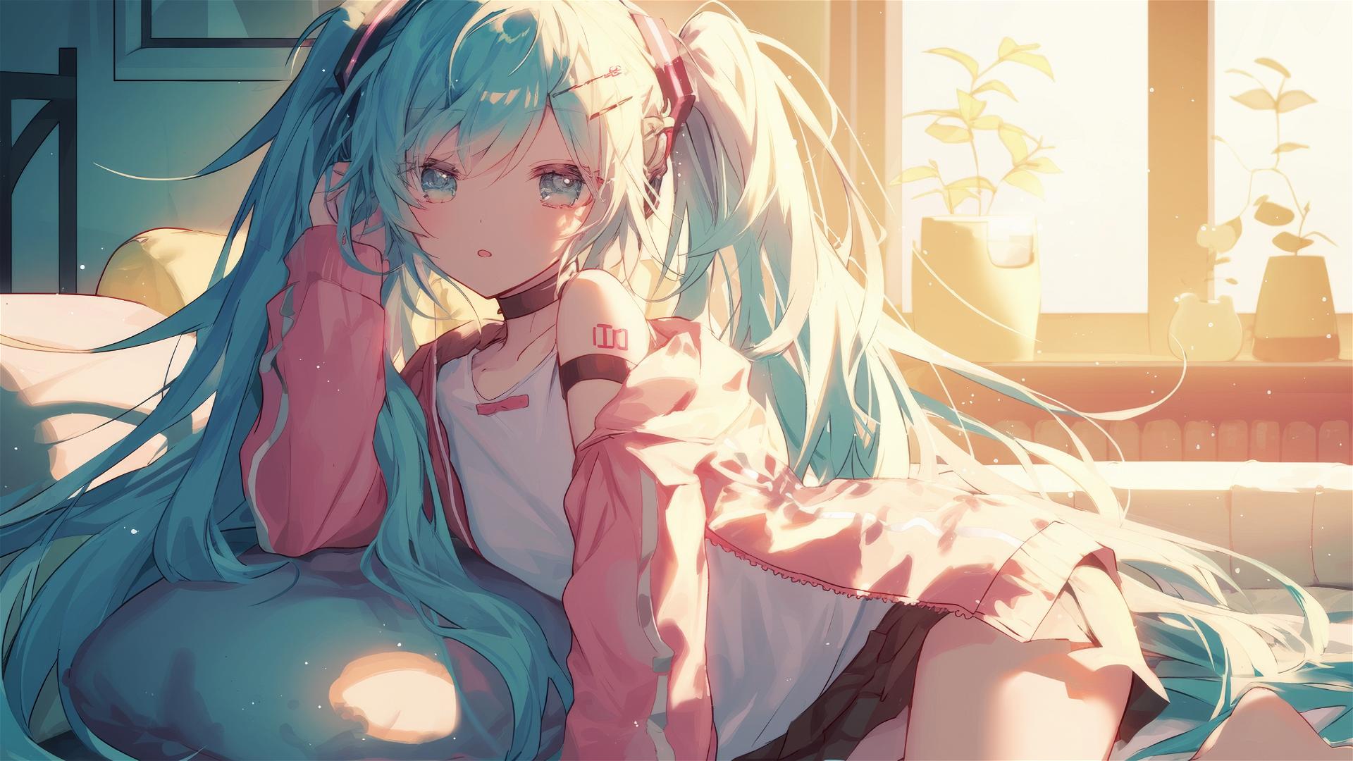 Hatsune Miku resting in sunrise light in pink pajamas