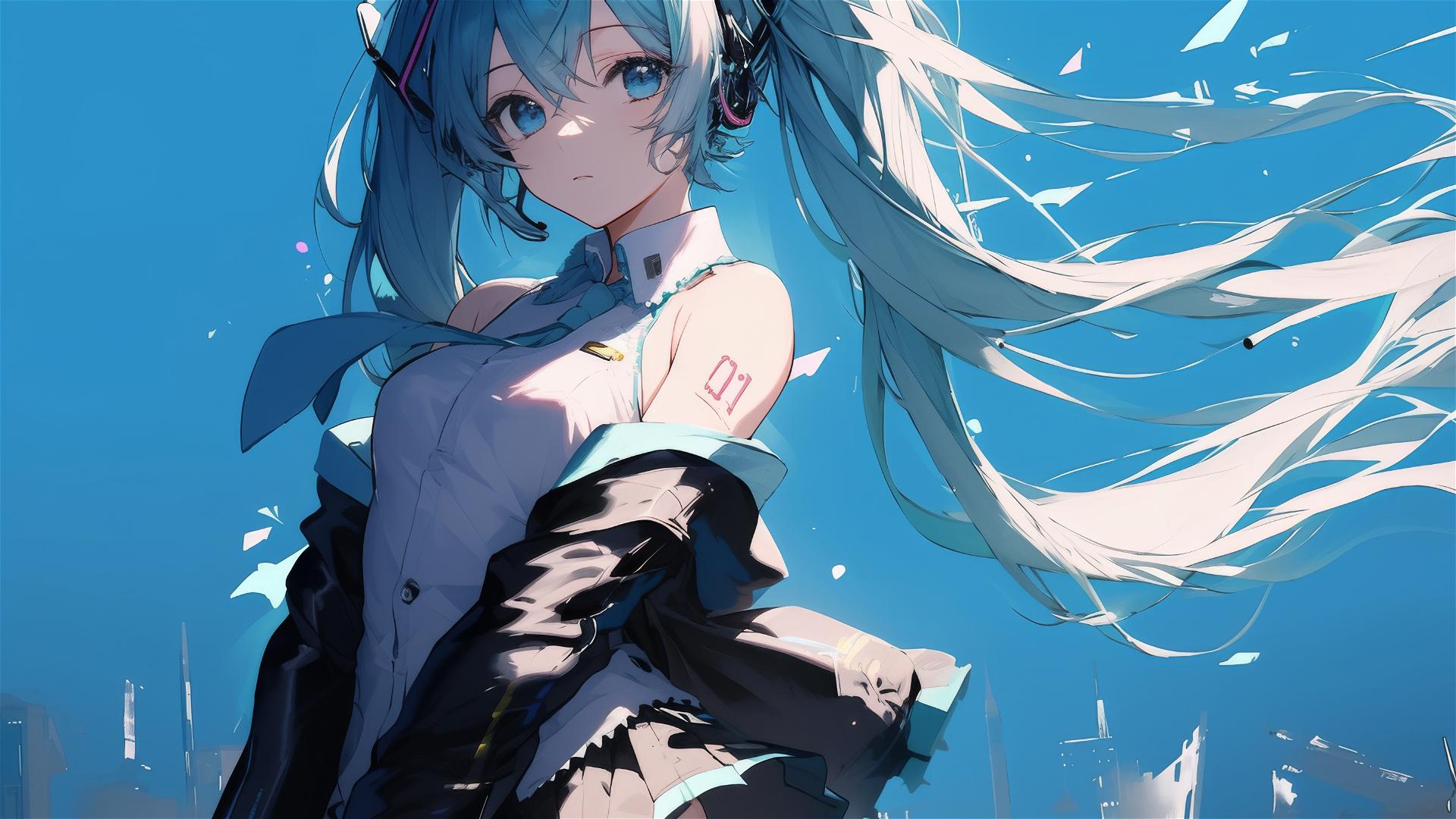 Artistic image of Hatsune Miku from Vocaloid with blue background and spotlight