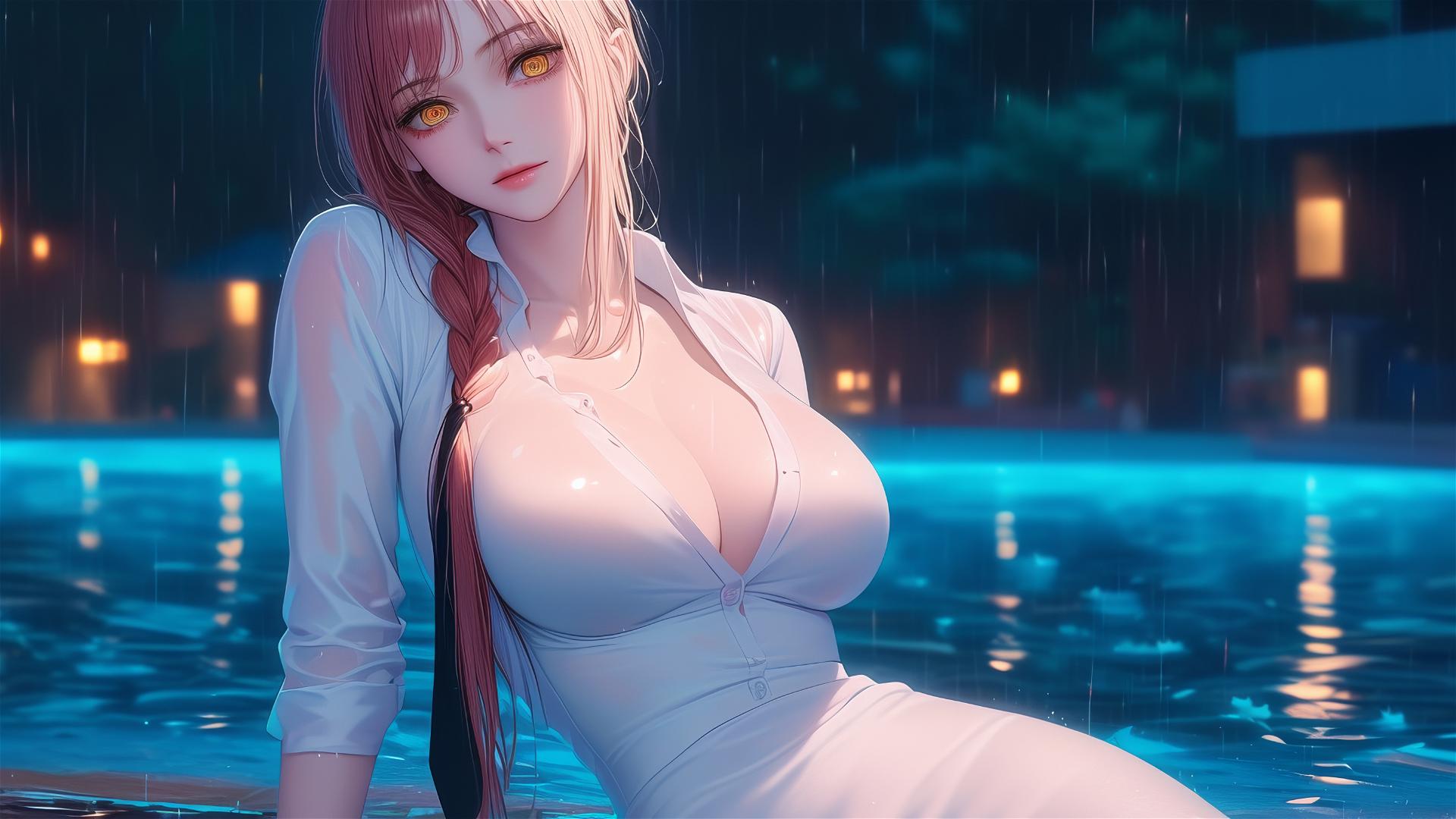 Makima from Chainsaw Man relaxing by a pool under moonlight, rainy scene