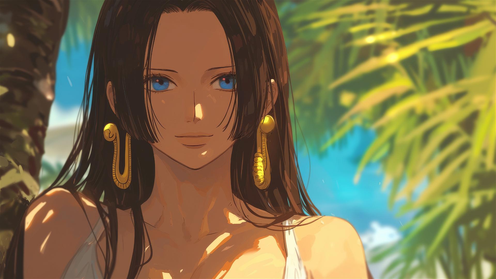 Boa Hancock from One Piece standing leisurely on a sunny beach with warm light glowing on her