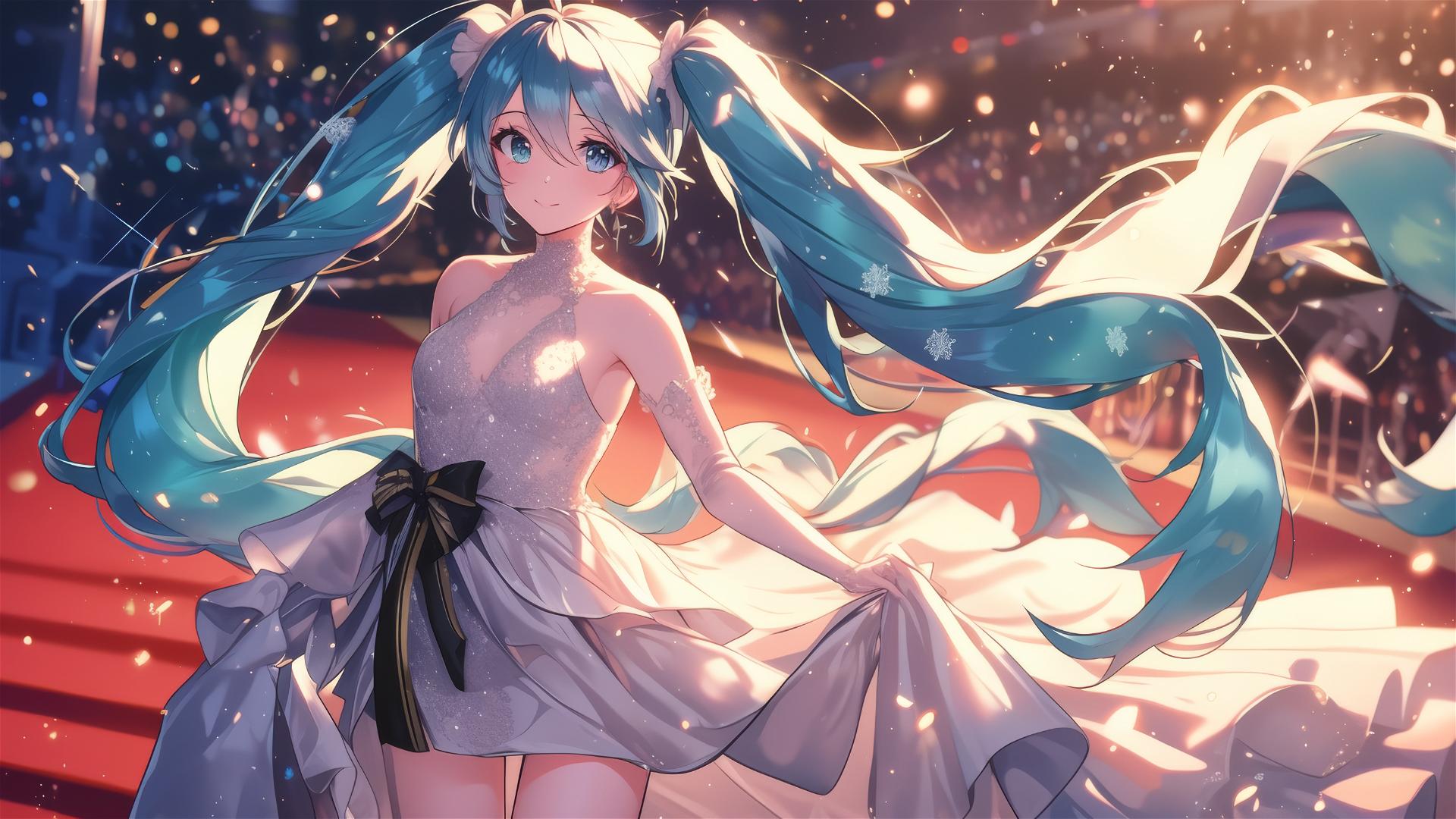 Hatsune Miku from Vocaloid donning a gorgeous Hollywood gown on a red carpet at a film premiere