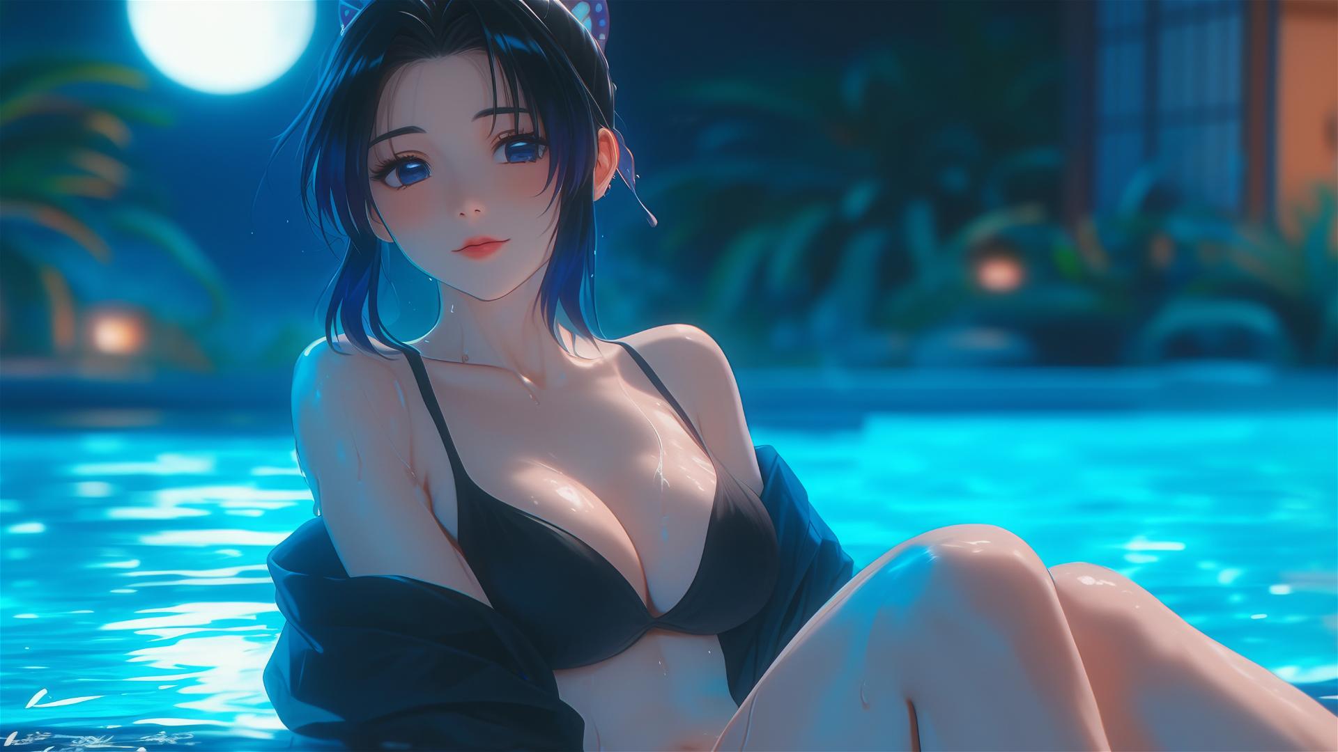 Shinobu Kocho from Demon Slayer in tub, moonlight casting a soft glow