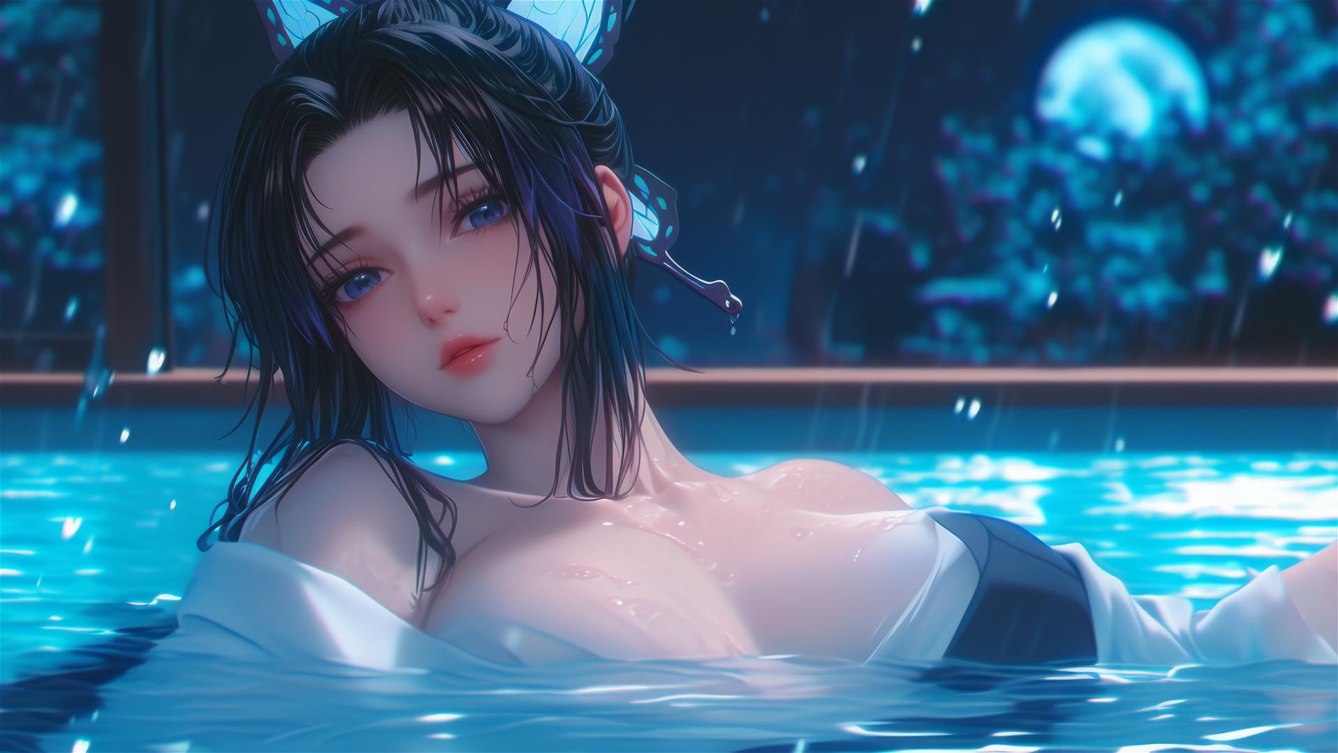 Shinobu Kocho from Demon Slayer, peacefully resting in a tub in apartment, under the moonlight