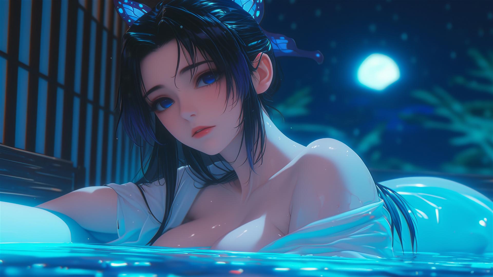 Shinobu Kocho from Demon Slayer resting in tub with moonlight glow