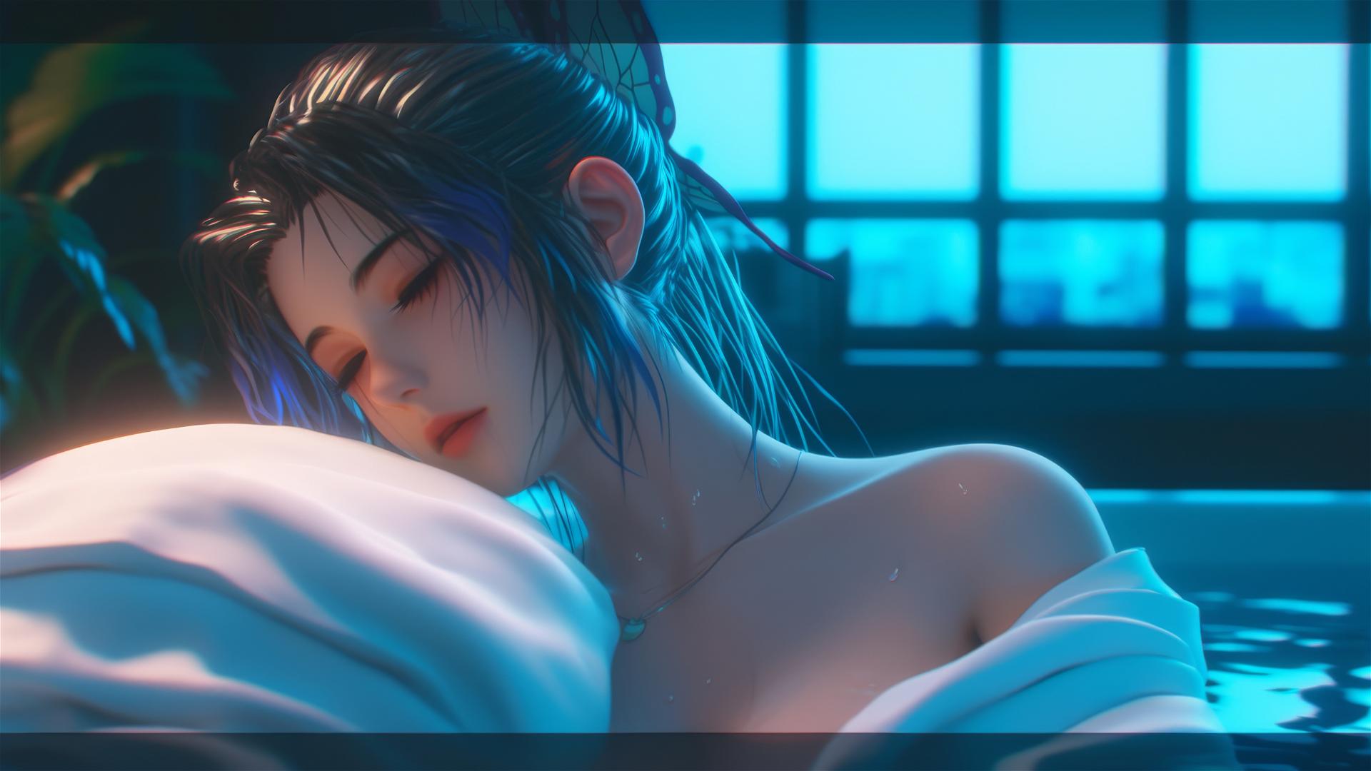 Shinobu Kocho from Demon Slayer resting in apartment tub under moonlight