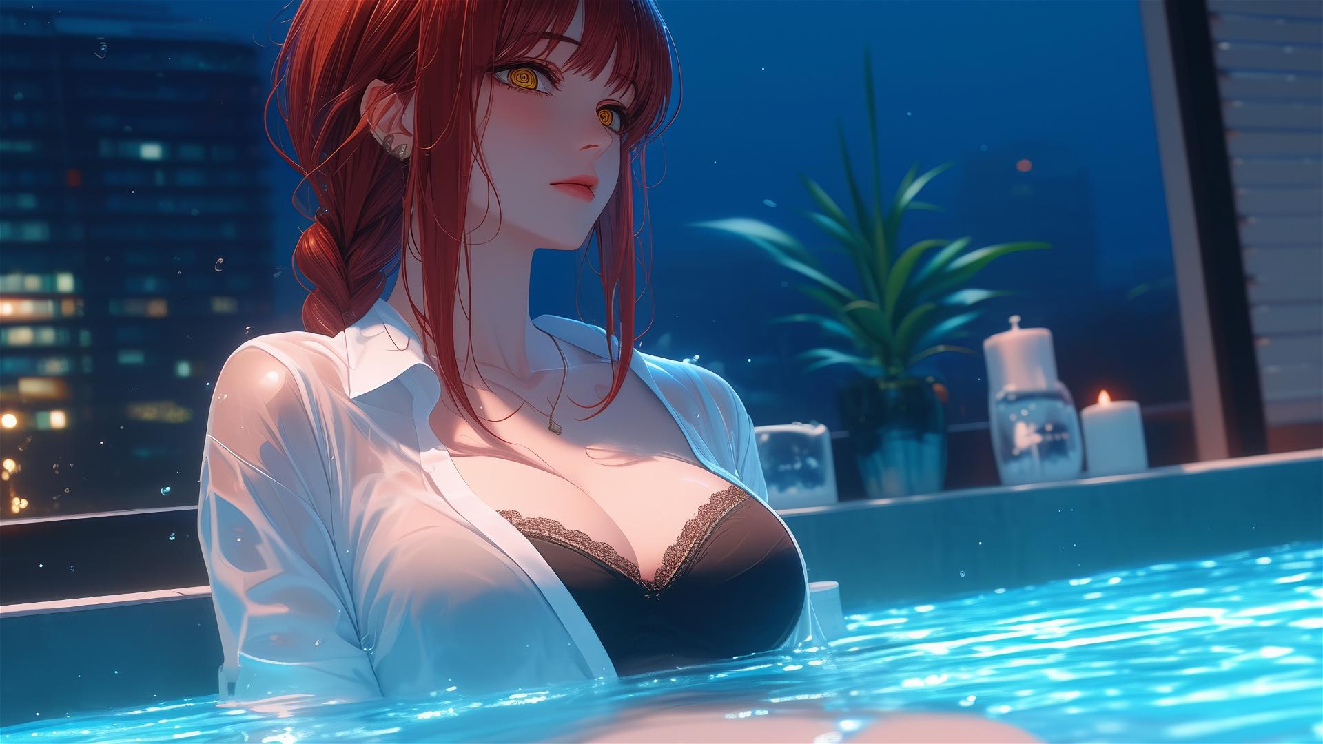 Makima from Chainsaw Man reclining in a tub under moonlight, with reddish hair glowing softly