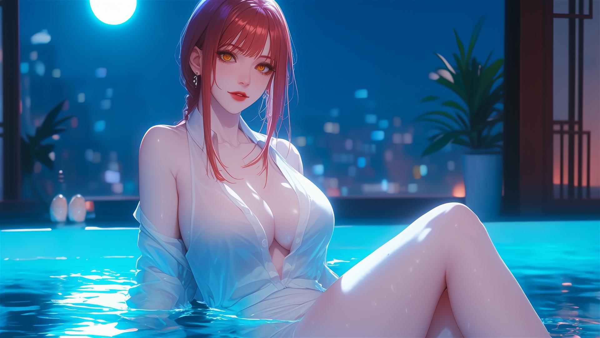 Makima from Chainsaw Man laying in tub under moonlight
