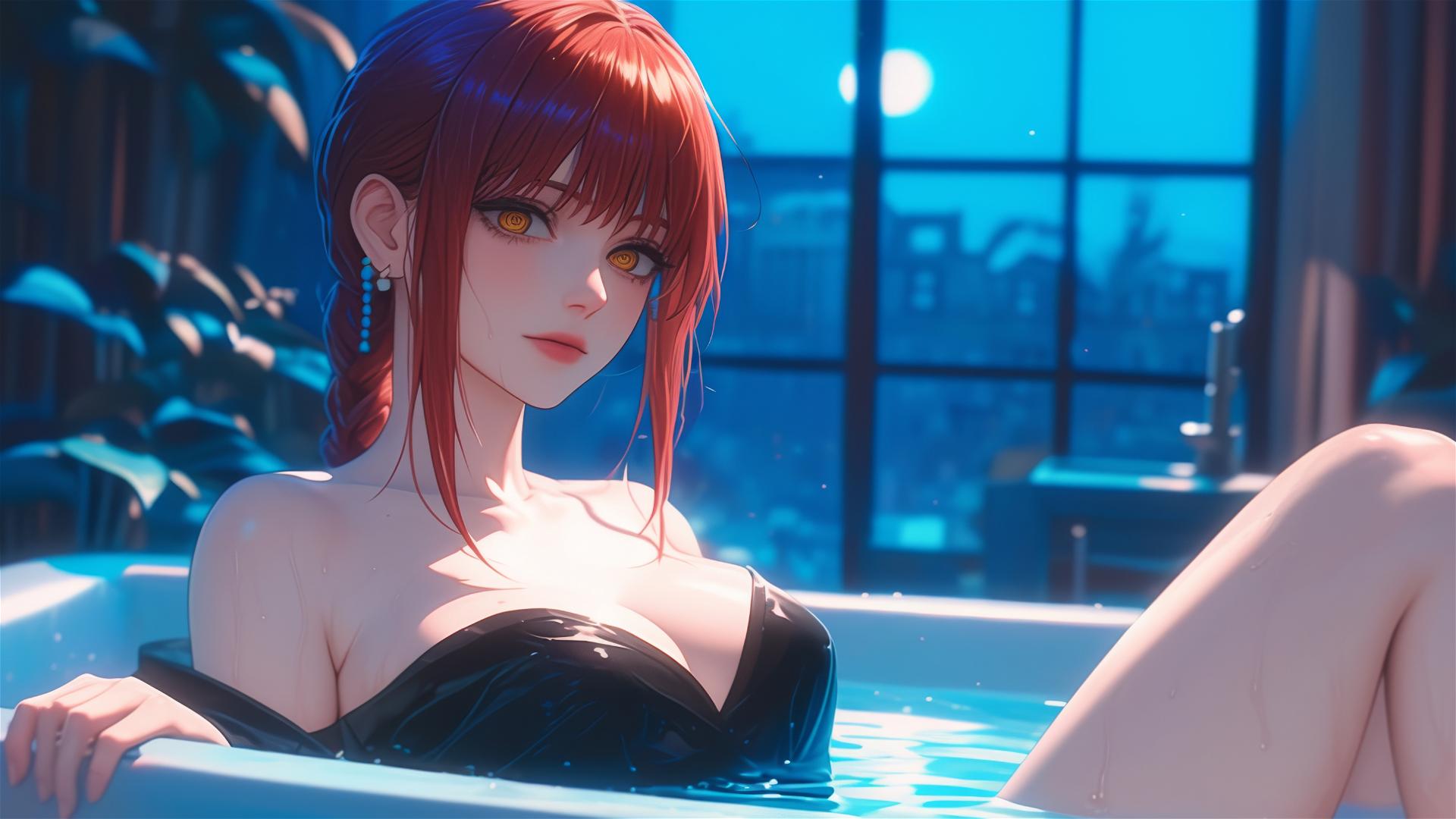 Makima from Chainsaw Man lounging in a tub under moonlight, her red hair highlighted