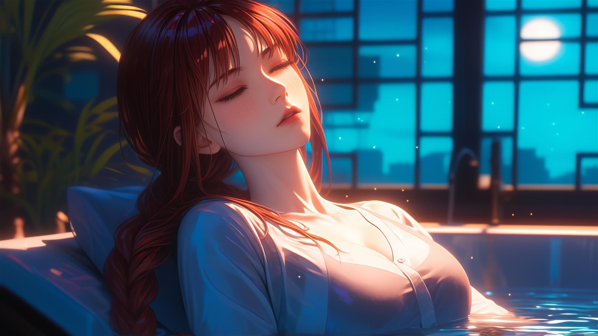 Makima from Chainsaw Man resting in tub, moonlight casting a soft glow on her figure, redish hair