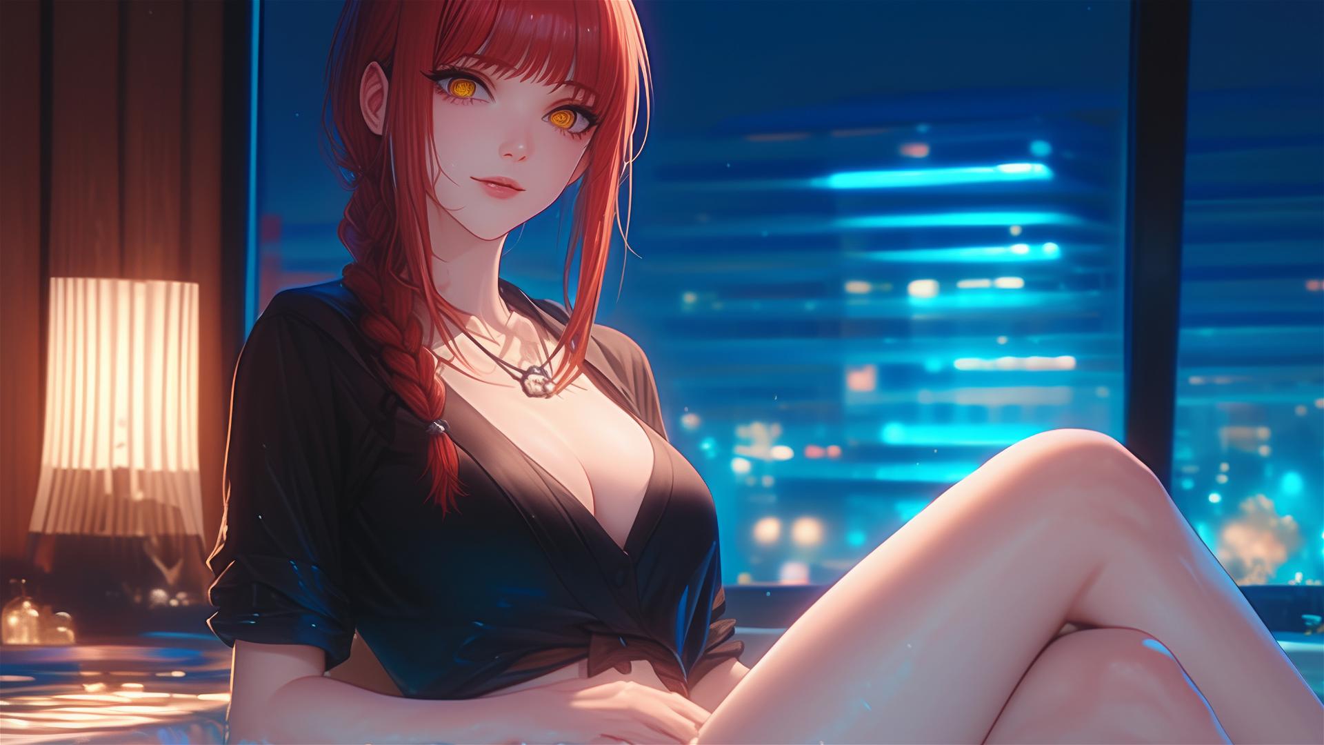 Makima from Chainsaw Man in bath with moonlight on red hair