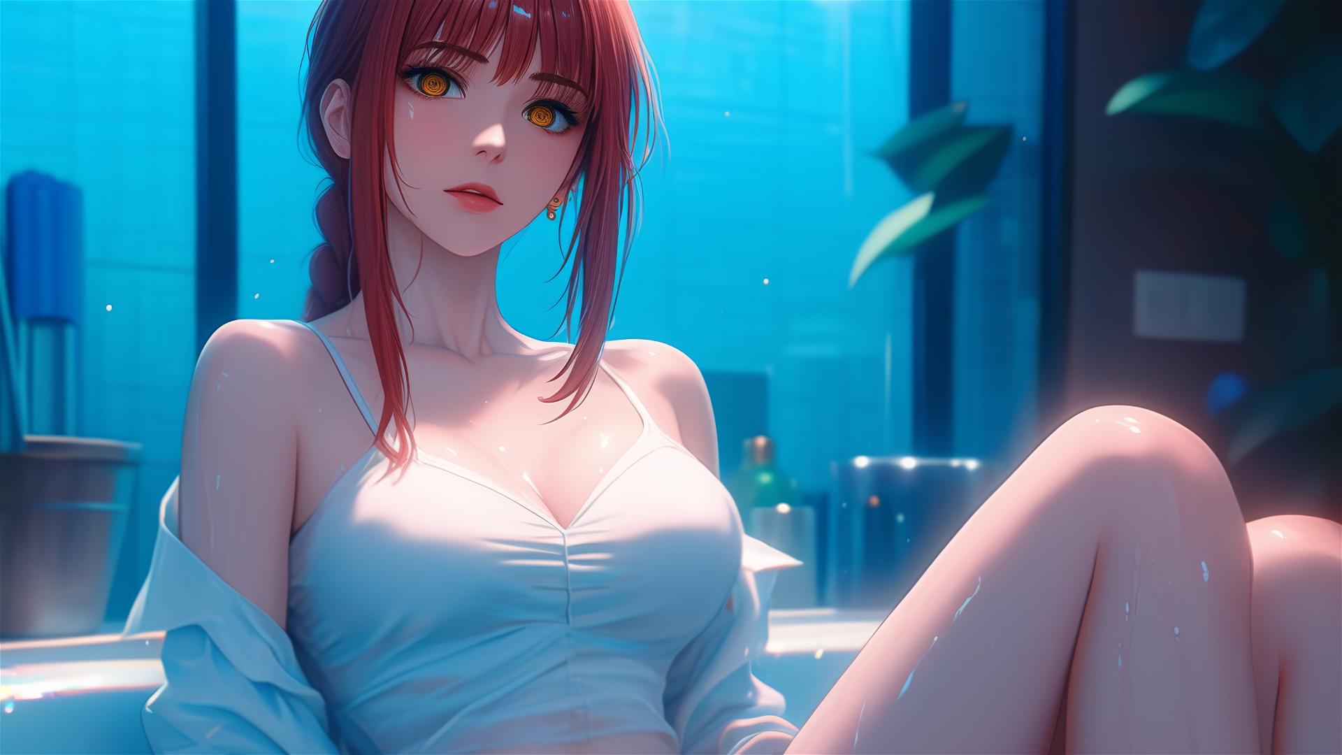Makima from Chainsaw Man resting in a tub with moonlight glow highlighting her red hair