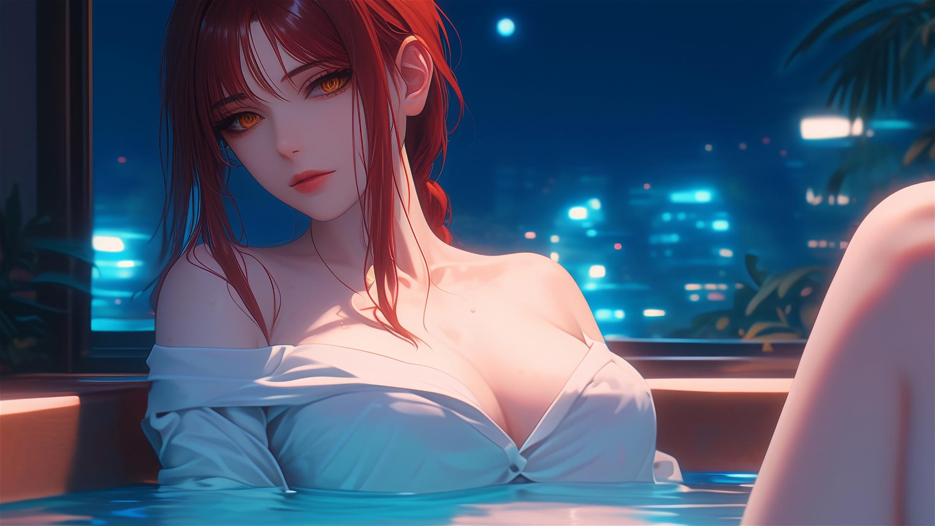 Makima from Chainsaw Man relaxing in her apartment's tub under moonlight, with her red hair highlighted