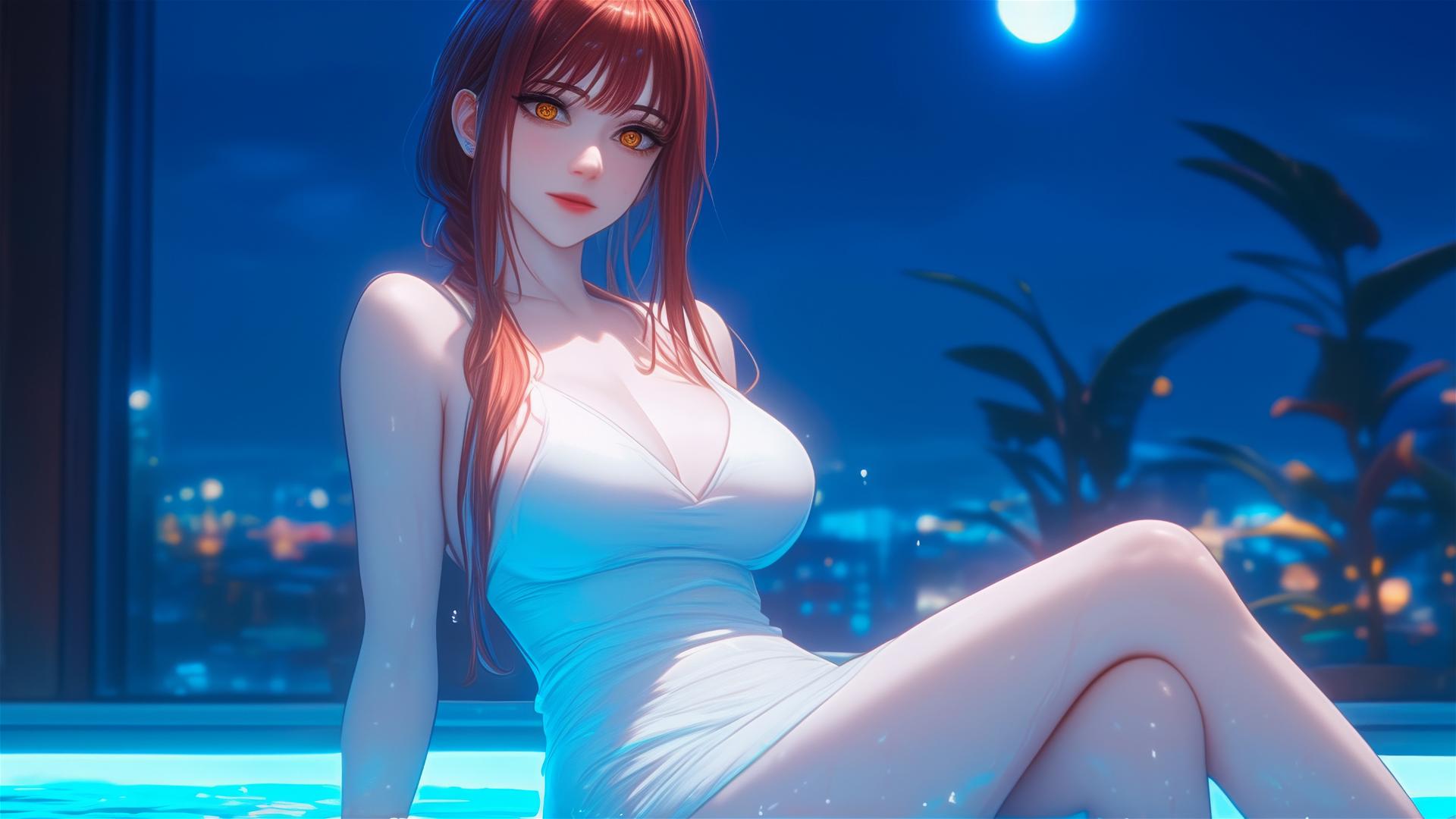 Makima from Chainsaw Man resting in bathtub, moonlit ambiance