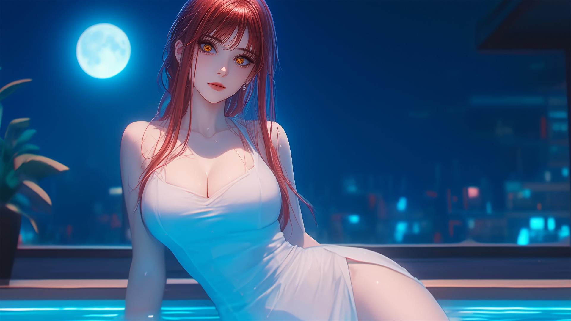 Makima resting in a tub under moonlight with blonde and reddish hair