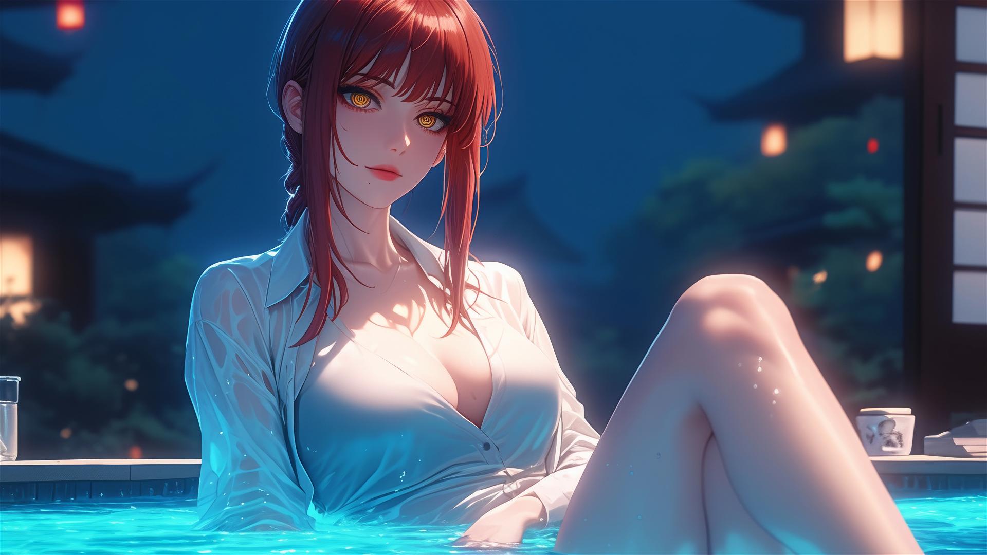 Makima from Chainsaw Man resting in tub under soft moonlight glow, red hair highlighting her figure