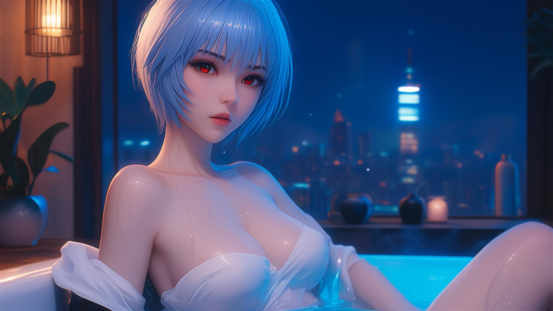 Rei Ayanami relaxing in a moonlit bath with short blue hair