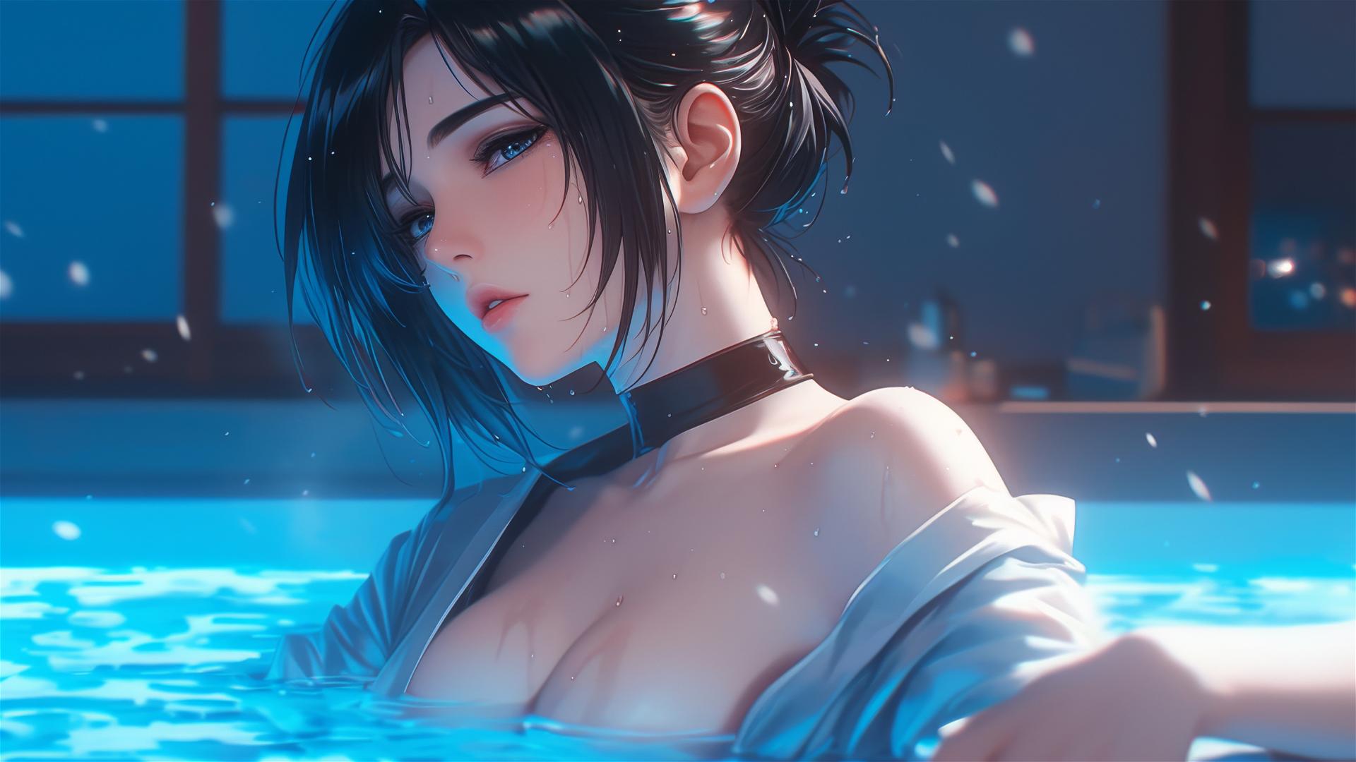 Mikasa Ackerman from Attack on Titan resting in a tub, moonlight casting a glow on her short hair