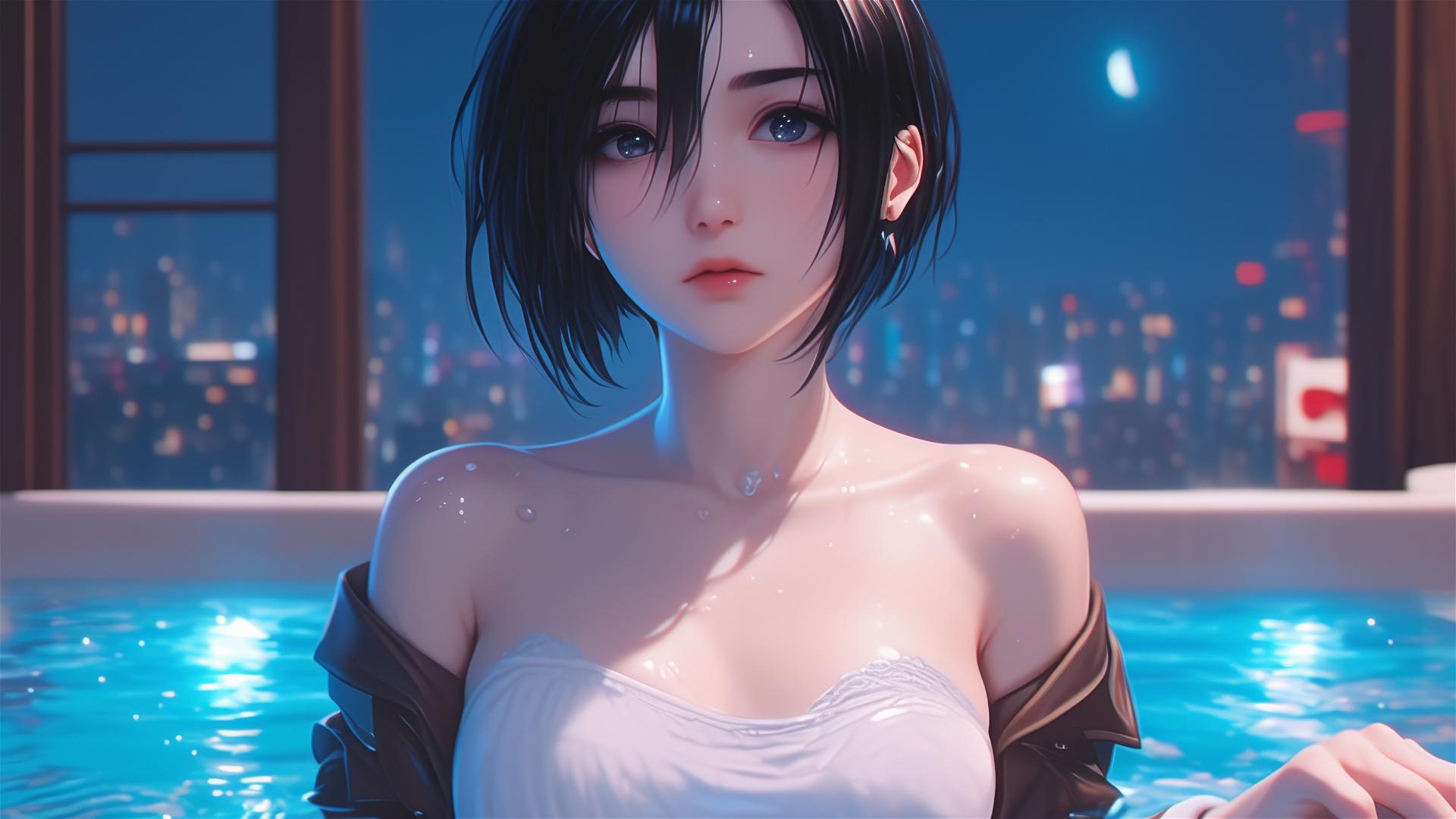 Mikasa Ackerman resting in a tub with moonlight glow through window