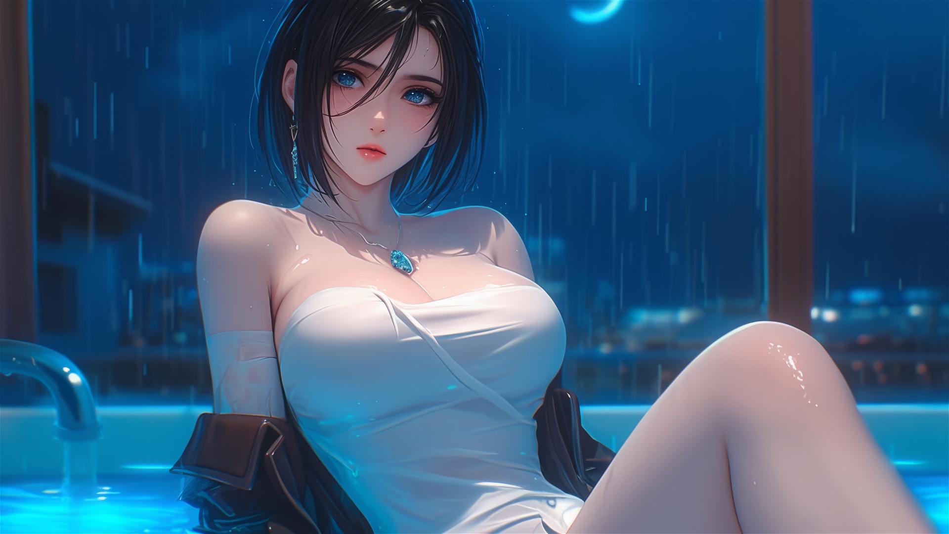 Mikasa Ackerman from Attack on Titan resting in a bathtub under moonlight