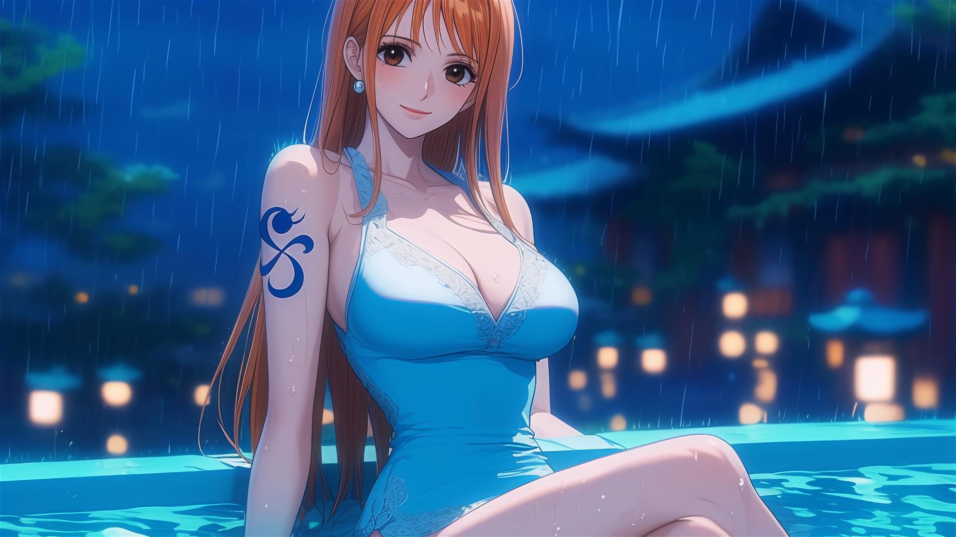 Nami from One Piece resting in tub with moonlight casting a soft glow in a rainy evening scenario