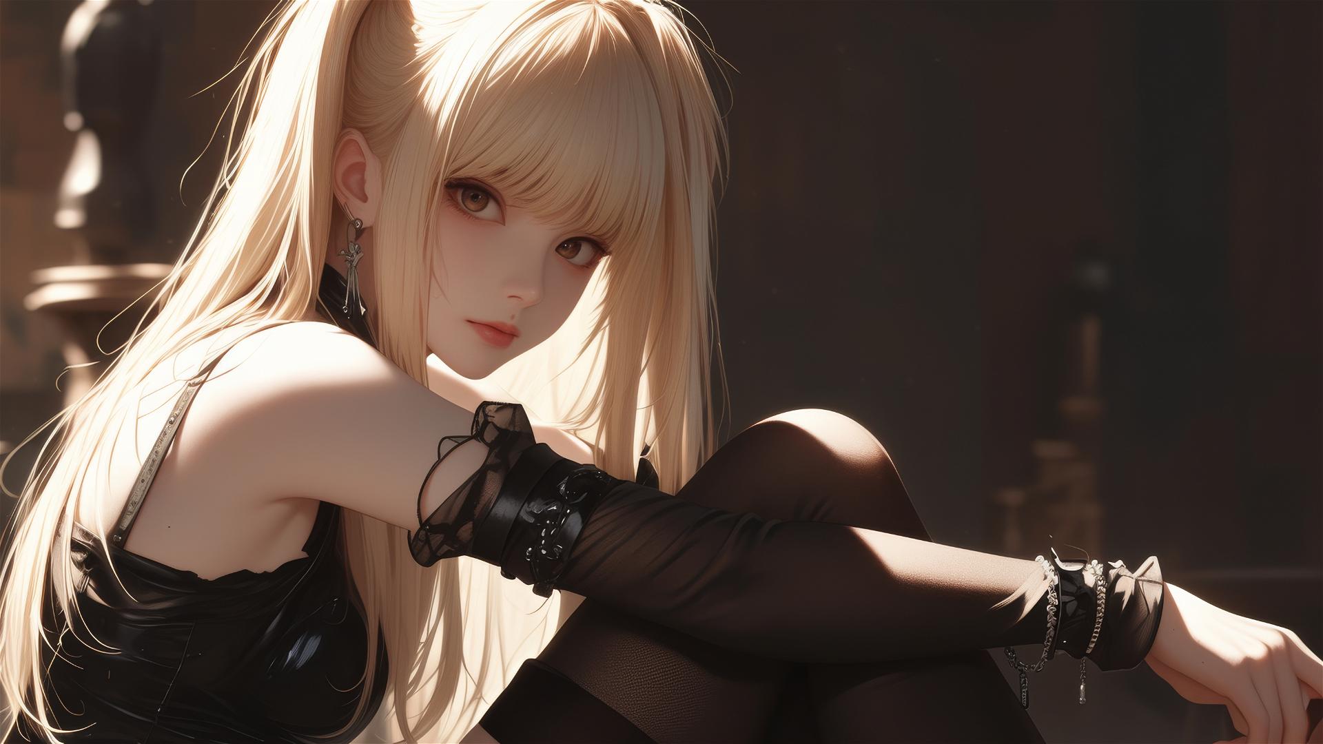 Isolated Misa Amane from Death Note on a dark background, dynamic pose emphasizing thigh, with spotlight effect