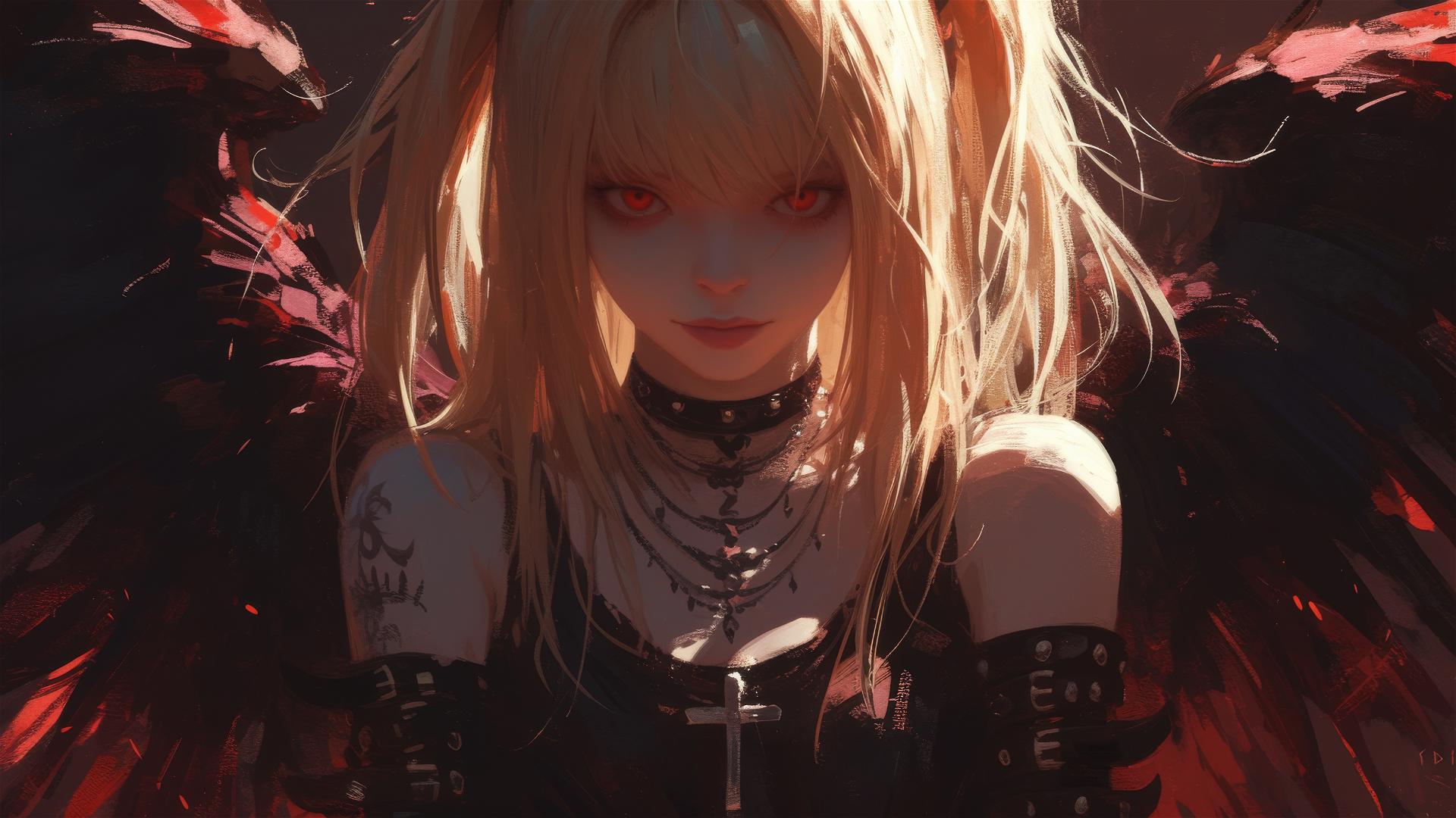 Misa Amane from Death Note, standing boldly in dark and moody atmosphere with red eyes and spotlight from below