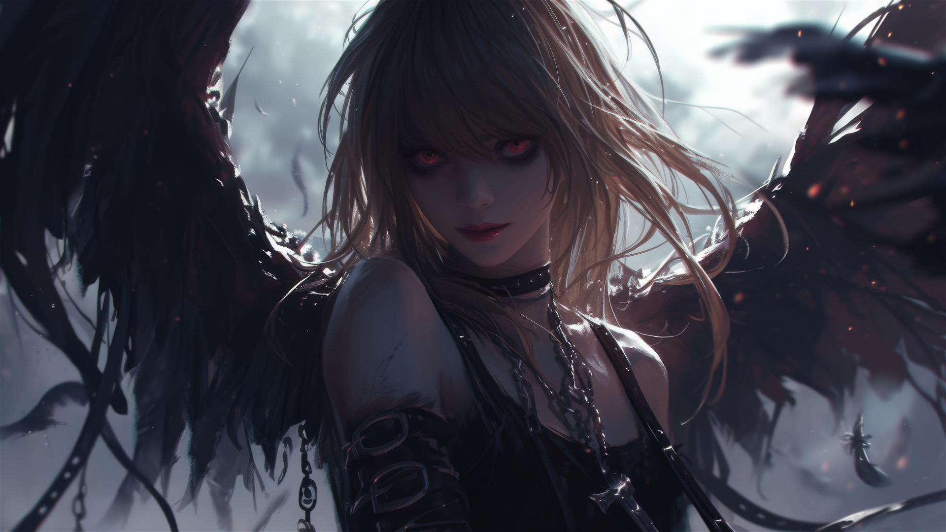 Misa Amane from Death Note in a dark, foggy atmosphere with red eyes and subtle spotlight