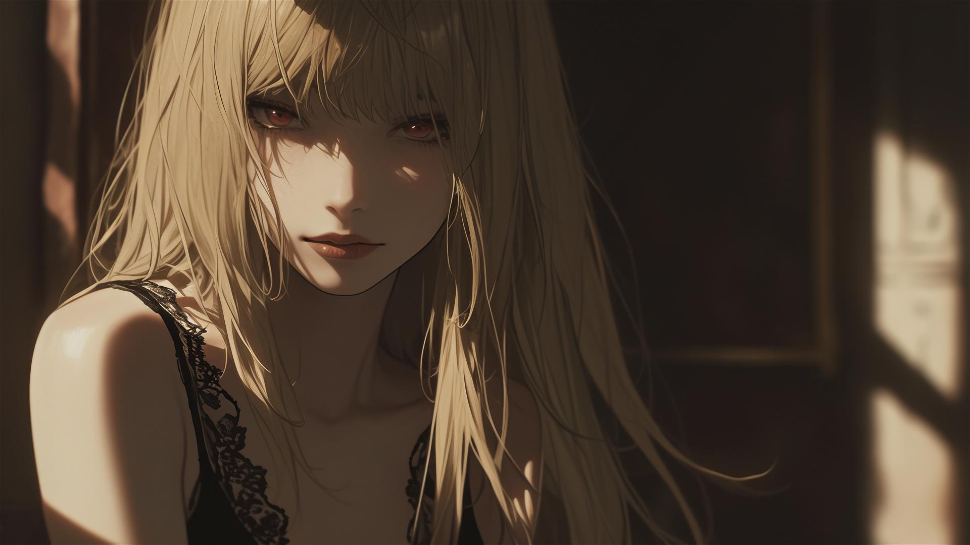 Misa Amane from Death Note in a dark, foggy atmosphere with captivating red eyes under a subtle spotlight