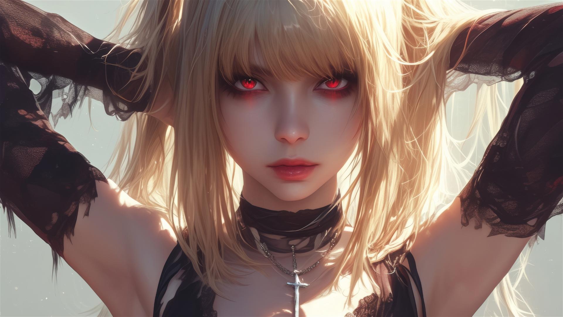 Misa Amane from Death Note with red eyes on shaded background