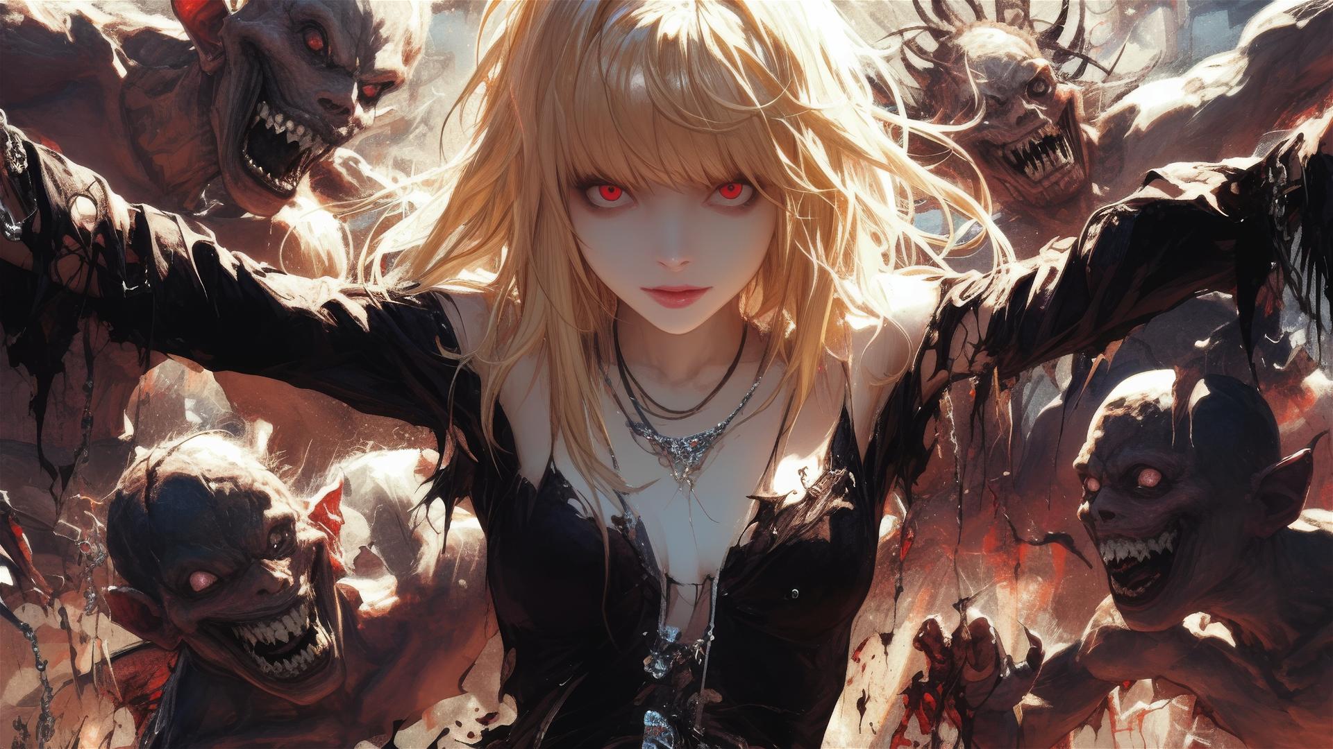 Deep shadows and spotlight highlighting Misa Amane from Death Note in mid-air jump, with beautiful intense red eyes