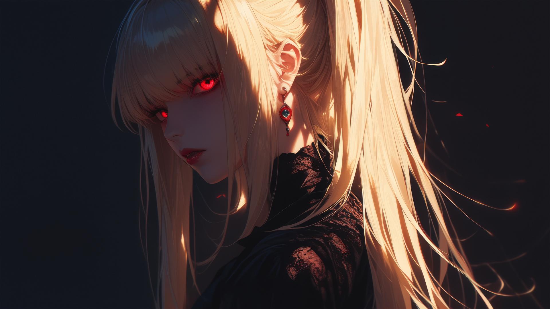 Misa Amane from Death Note in contemplative stance with glowing red eyes and side spotlight