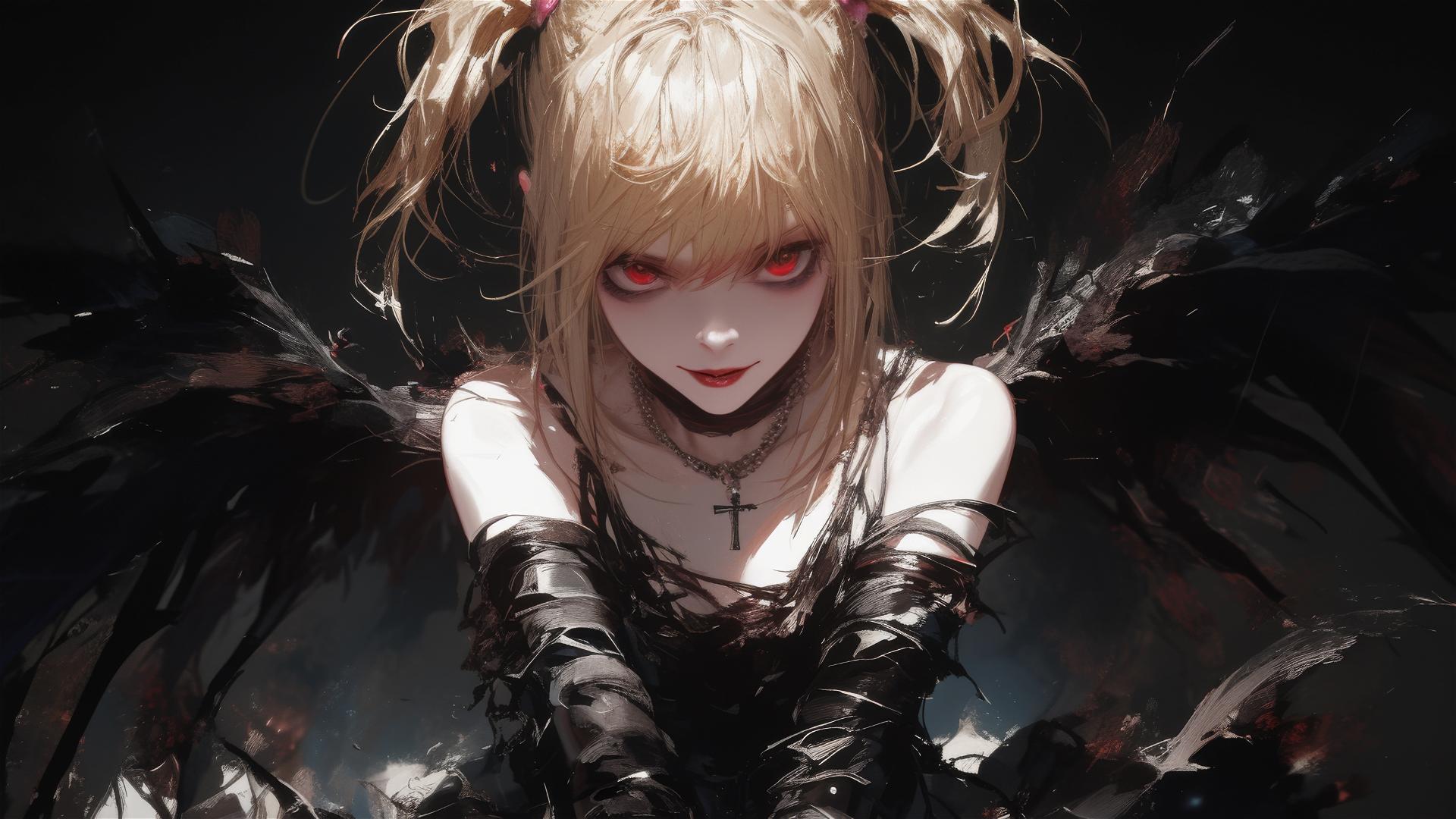 Misa Amane from Death Note on a black backdrop in a playful pose, red eyes sparkling under a focused spotlight