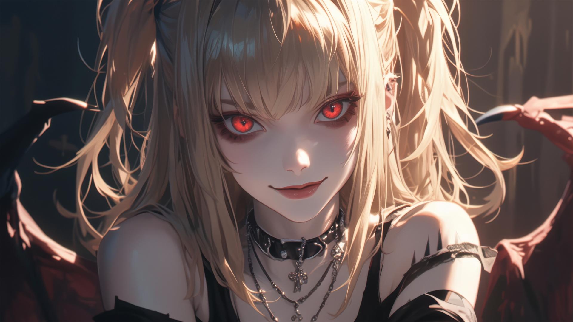 Misa Amane from Death Note with a captivating smile and piercing red eyes on a dark blurred background with a spotlight