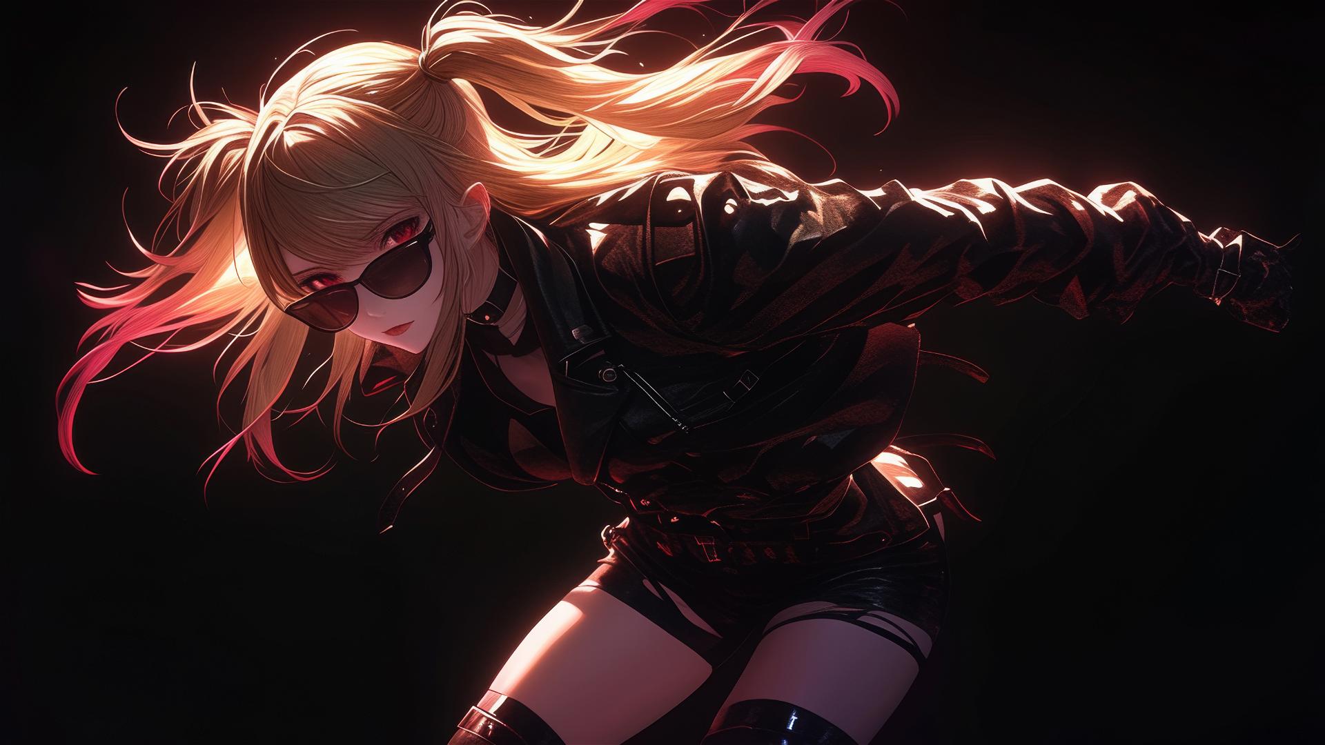 Isolated shot of Misa Amane from Death Note on a dark background with spotlight effect, displaying red eyes and dynamic pose highlighting her thigh