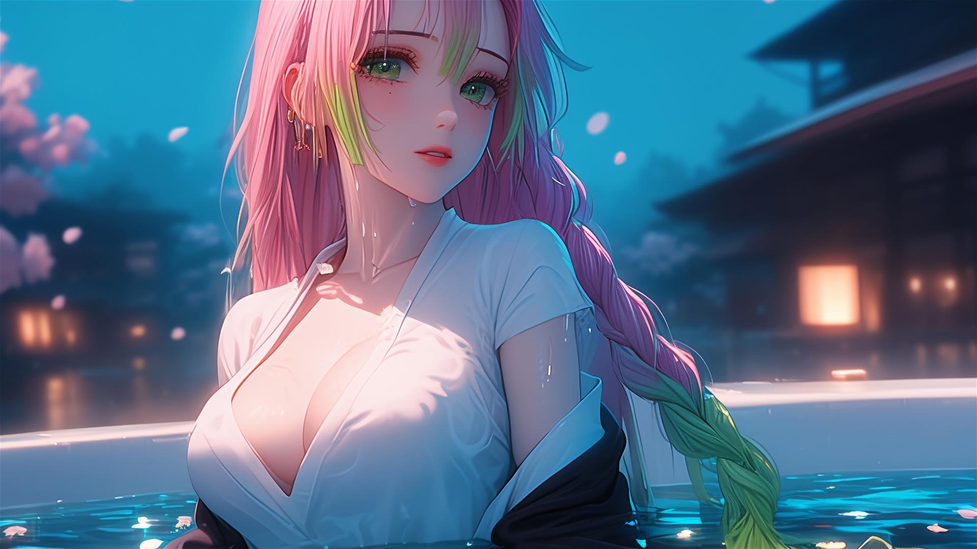 Mitsuri Kanroji from Demon Slayer resting in a tub with moonlit hair