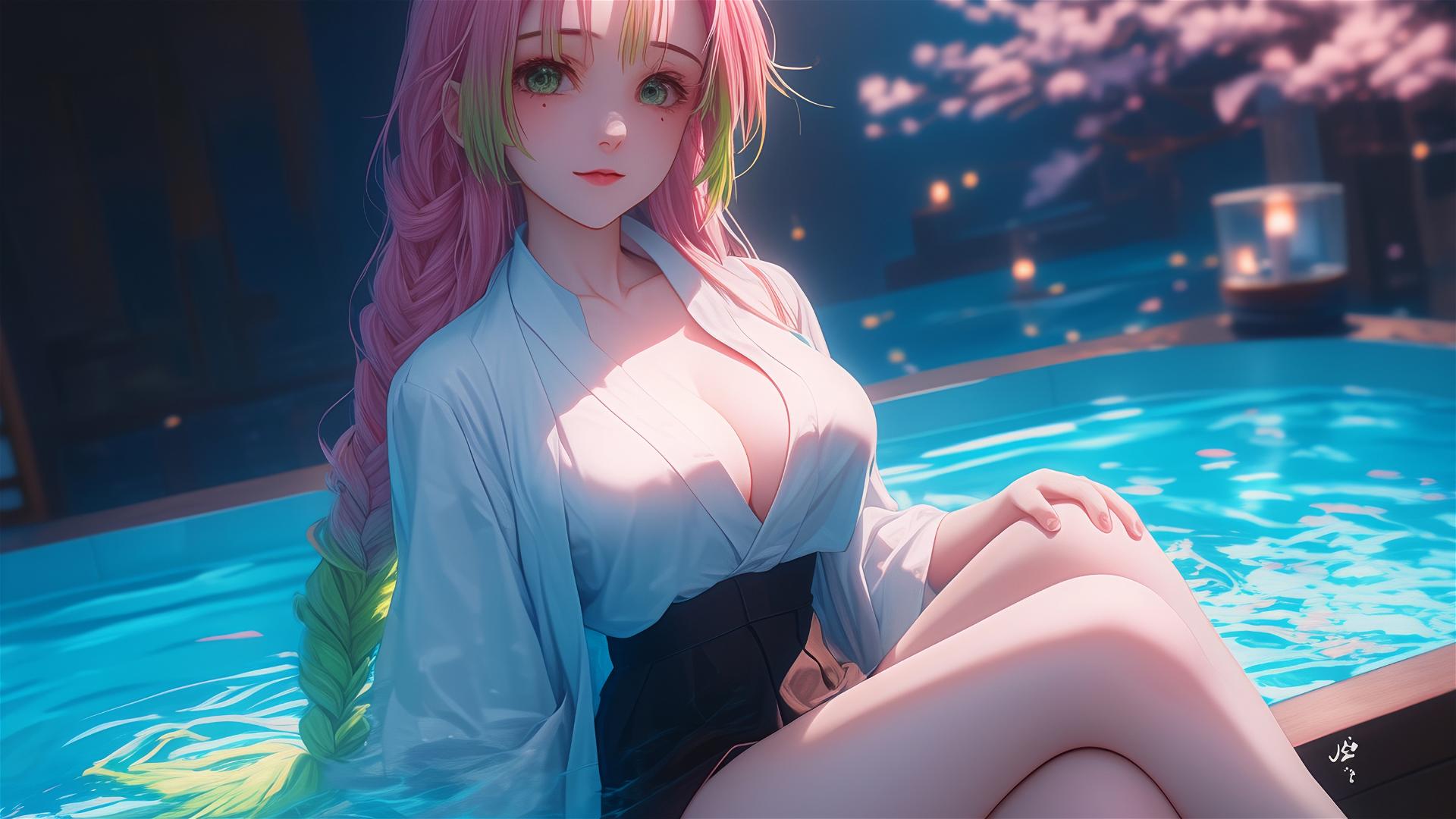 Anime character Mitsuri Kanroji from Demon Slayer relaxing in a tub under moonlit apartment, pink to lime green hair highlighted.