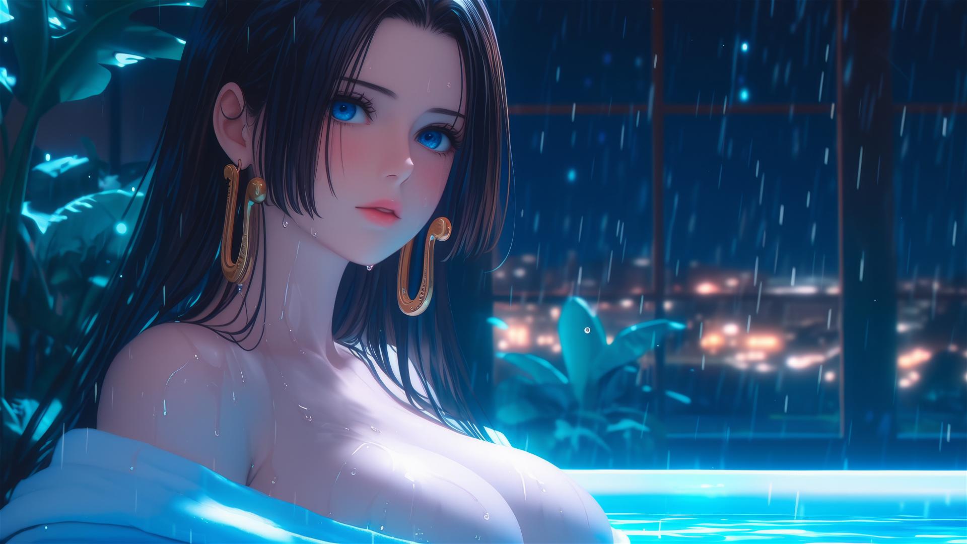 Boa Hancock from One Piece resting in apartment tub under moon light