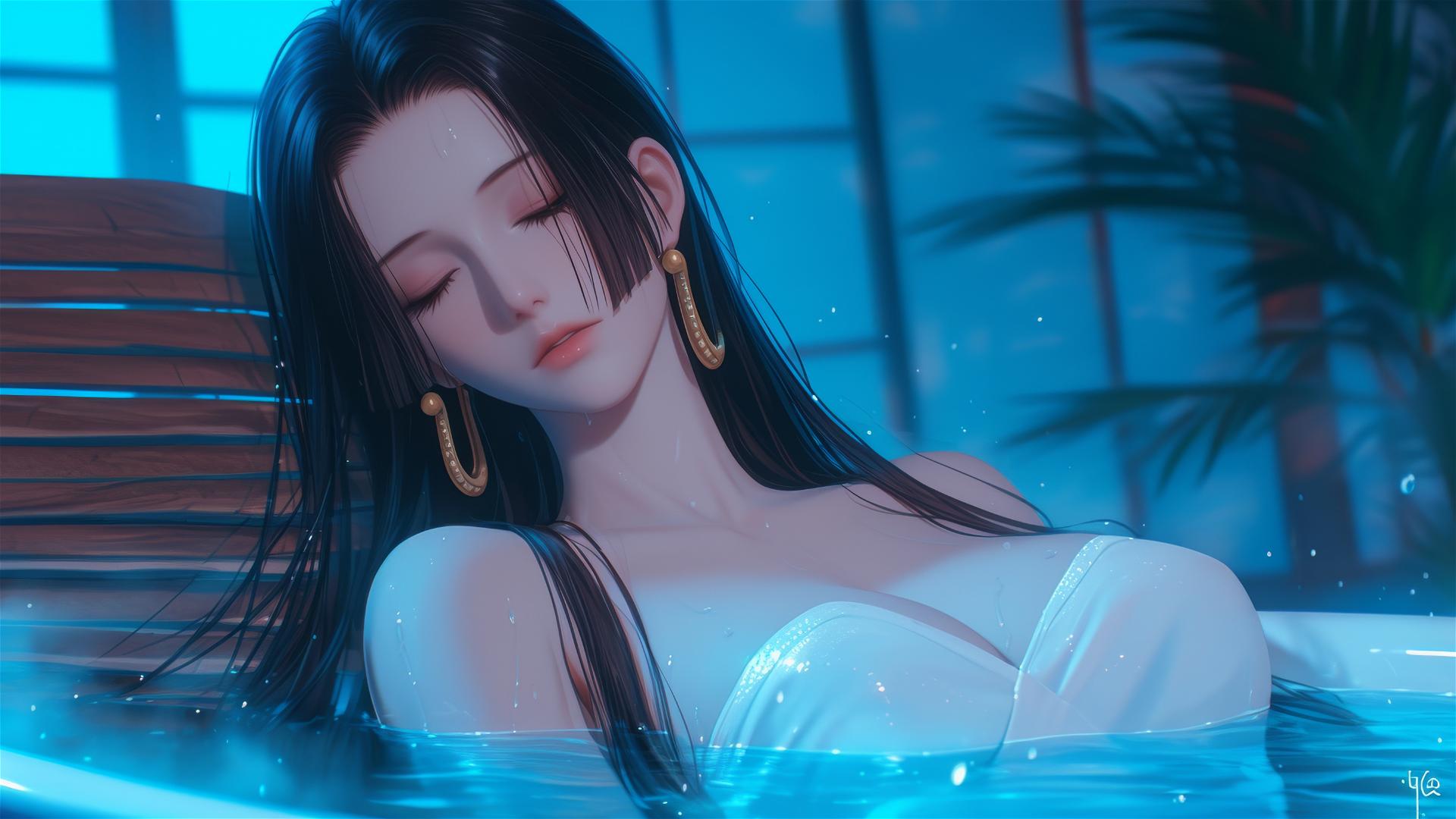 Boa Hancock from One Piece, relaxed in apartment tub, under moon light glow
