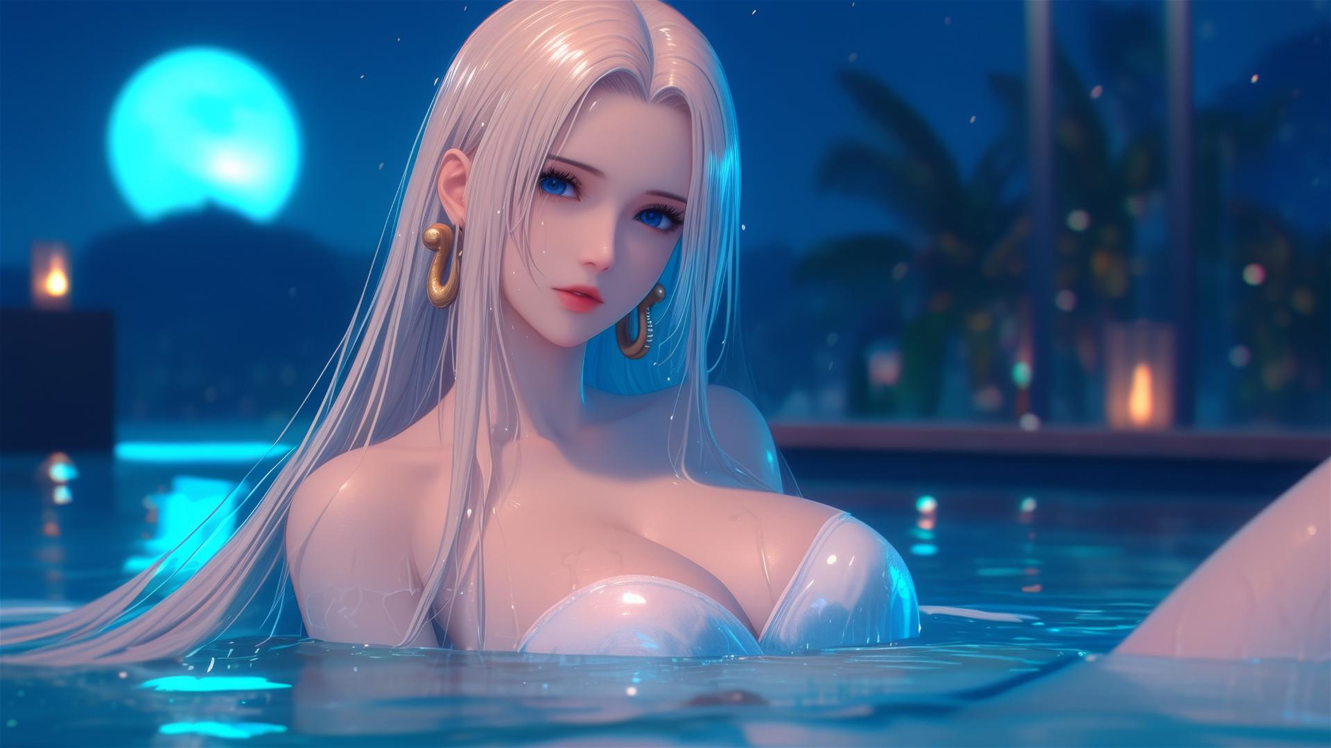 Boa Hancock from One Piece resting in tub under moonlight with blond and redish hair