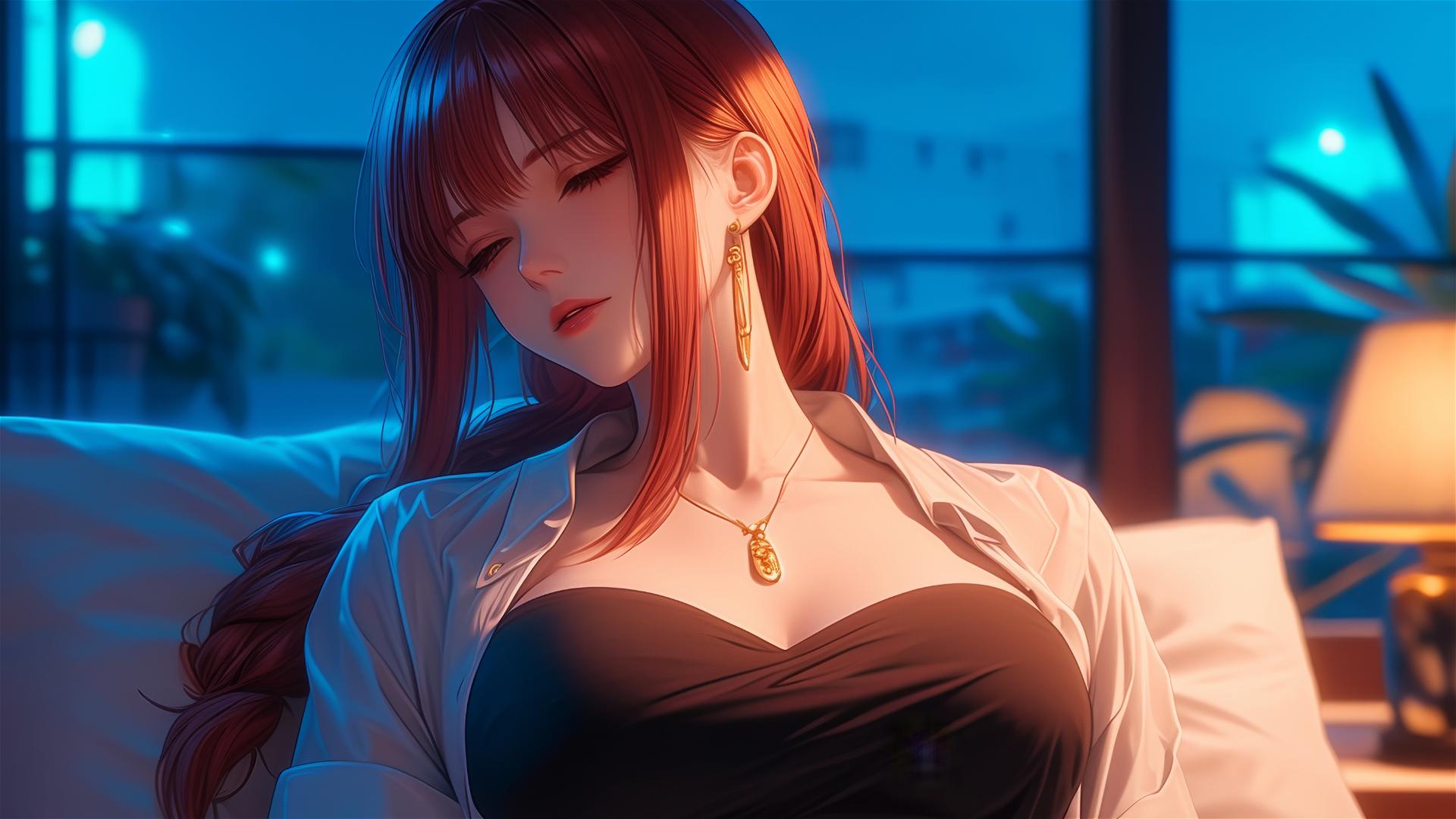 Makima from Chainsaw Man resting at apartment under moonlight with blond and redish hair