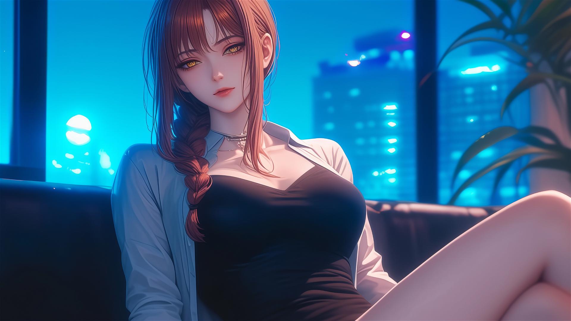 Makima from Chainsaw Man resting in an apartment room, lit by moonlight.