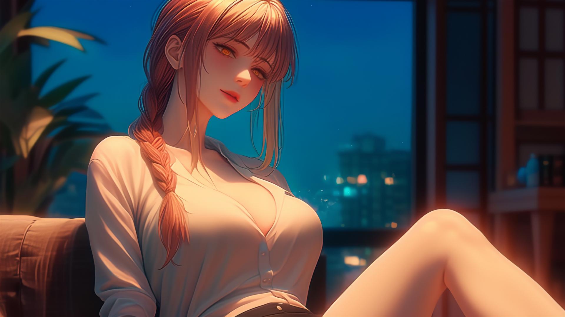Makima from Chainsaw Man resting in moonlit apartment