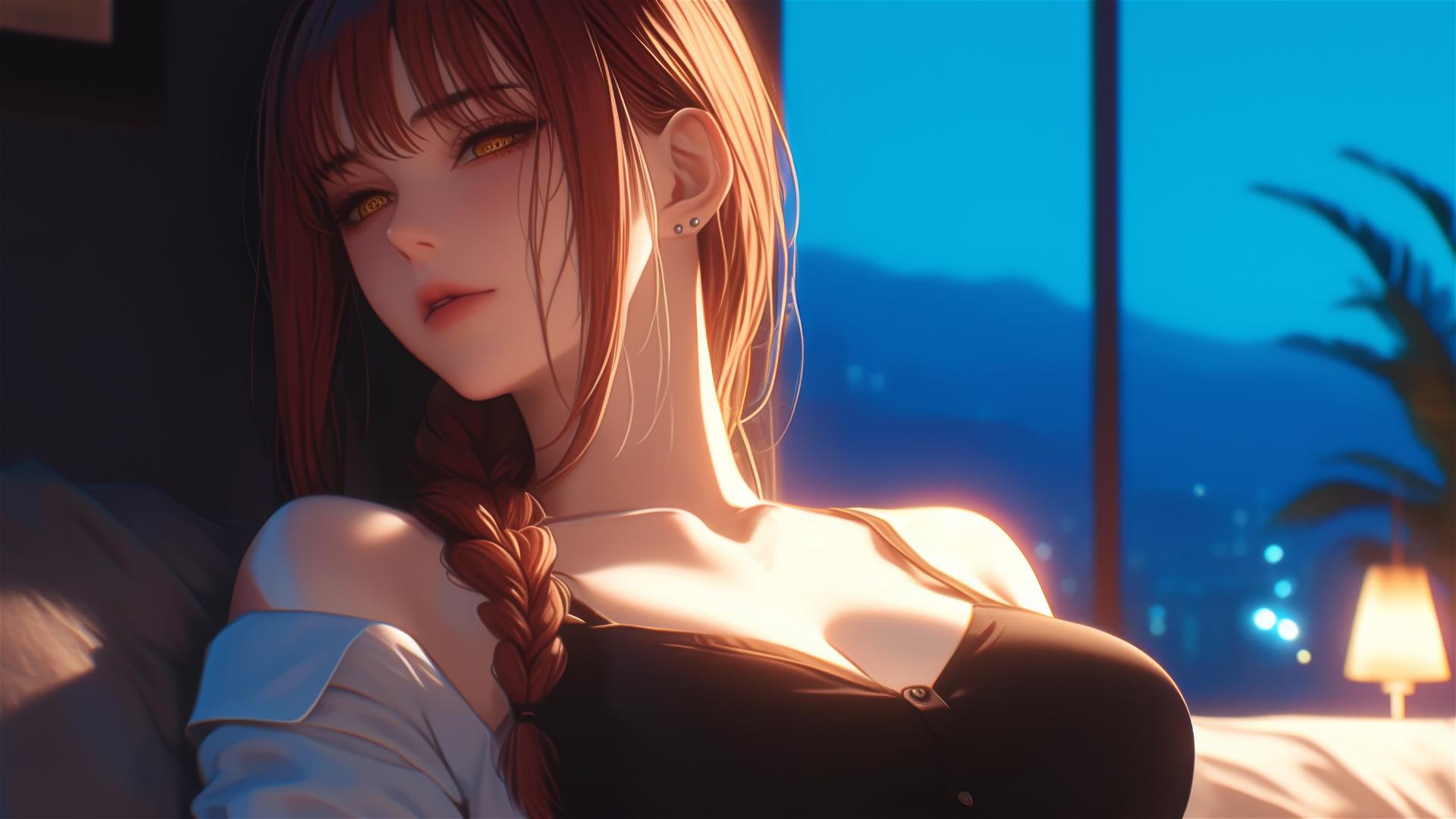 Makima from Chainsaw Man resting under moonlight, blond and reddish hair highlighted.